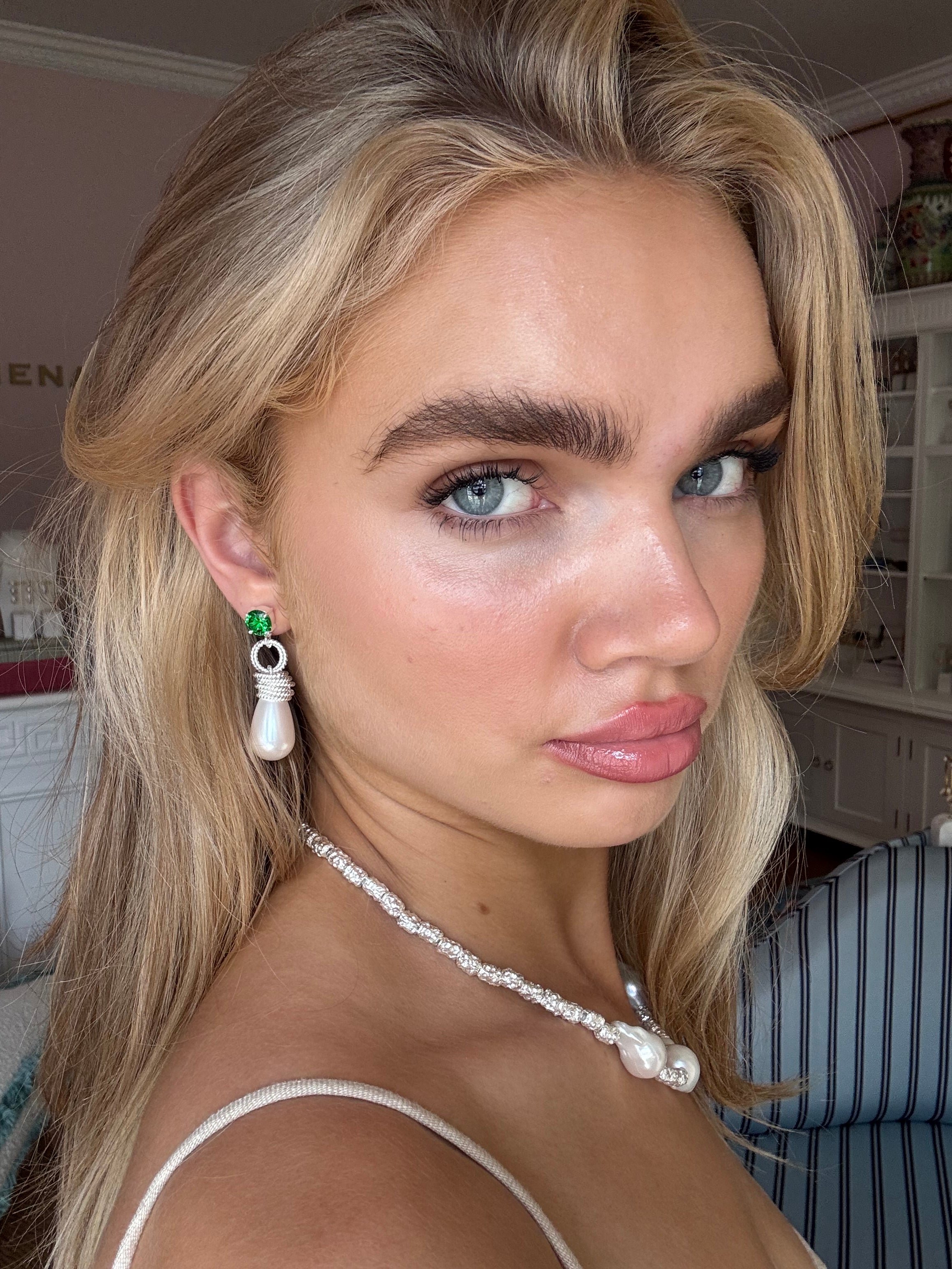 Emerald Green Gemstone and Pearl Drop Earrings: The Clarissa