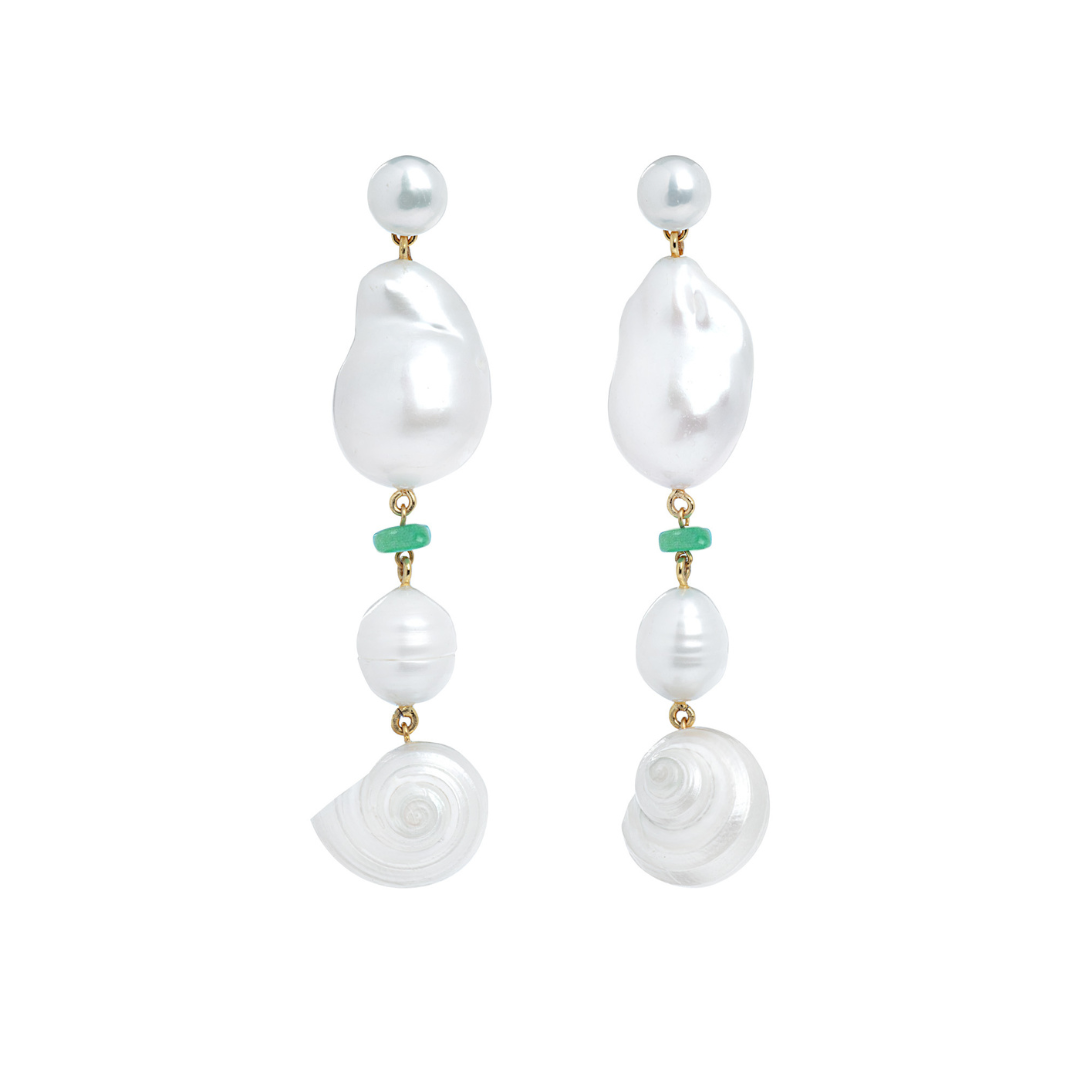 18k Gold Vermeil, Baroque Pearl, Chrysoprase and Natural Seashell Drop Earrings: The Marguerite