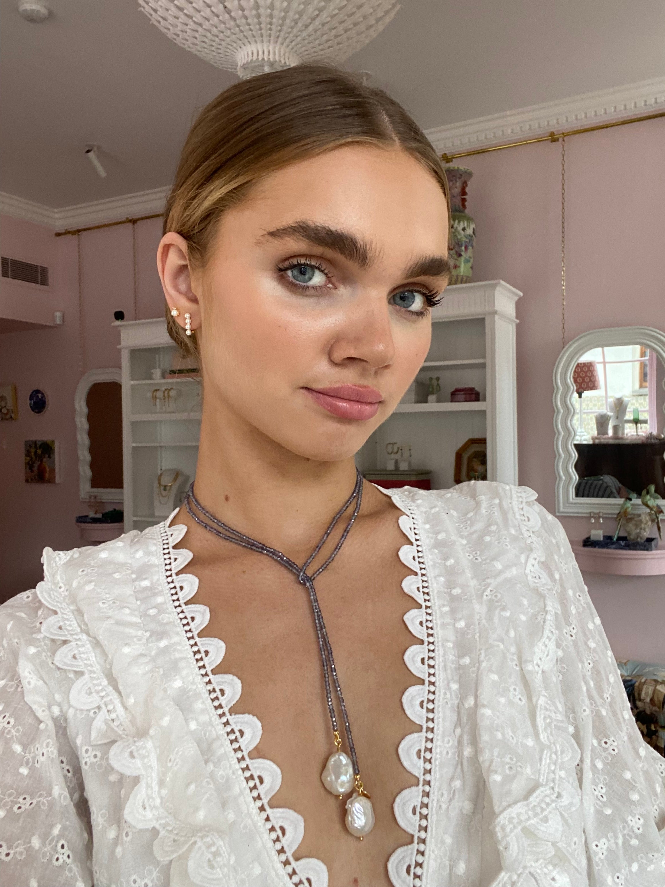 Iolite And Baroque Pearl Lariat Necklace: The Lara