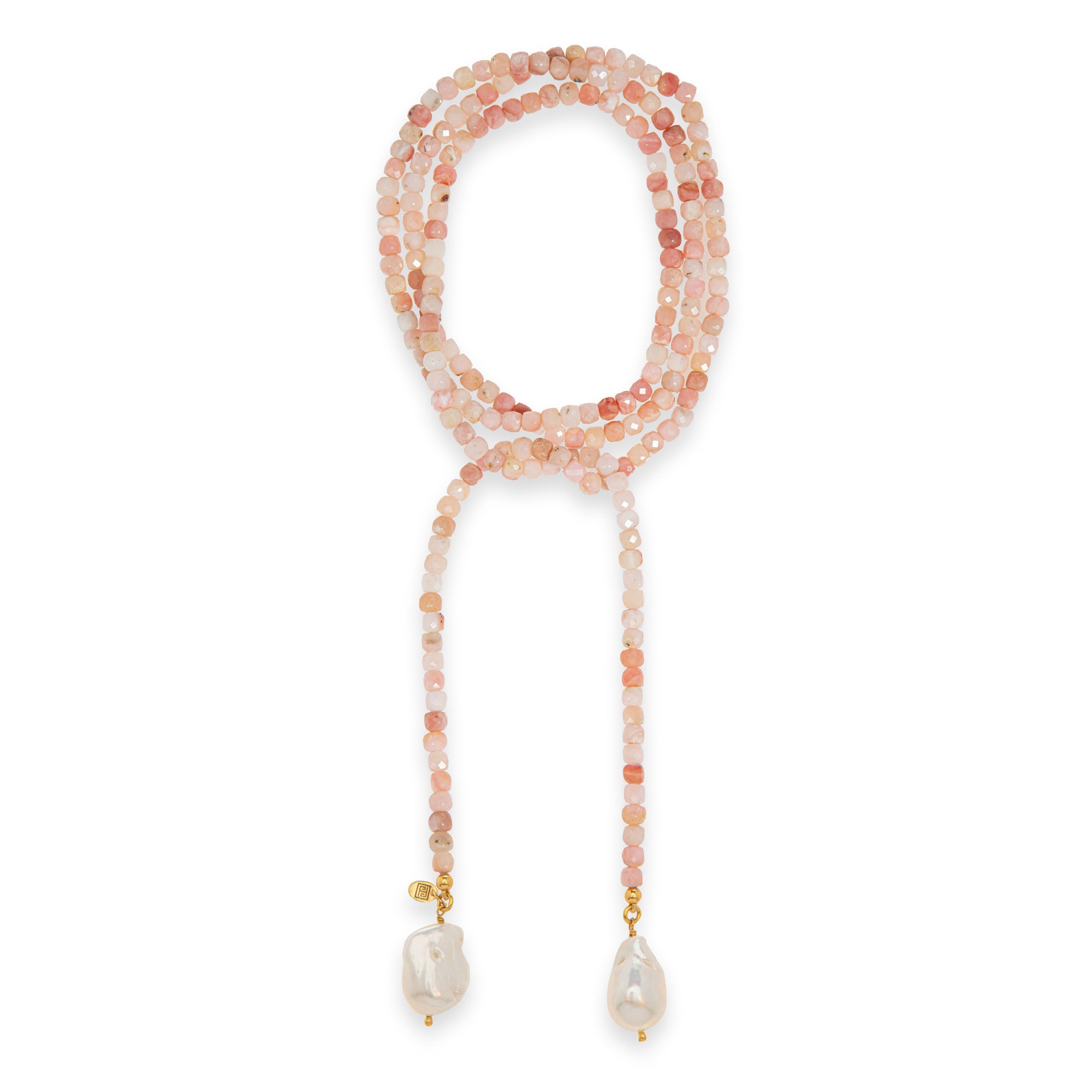 Peruvian Pink Opal and Baroque Pearl Lariat Necklace: The Lara