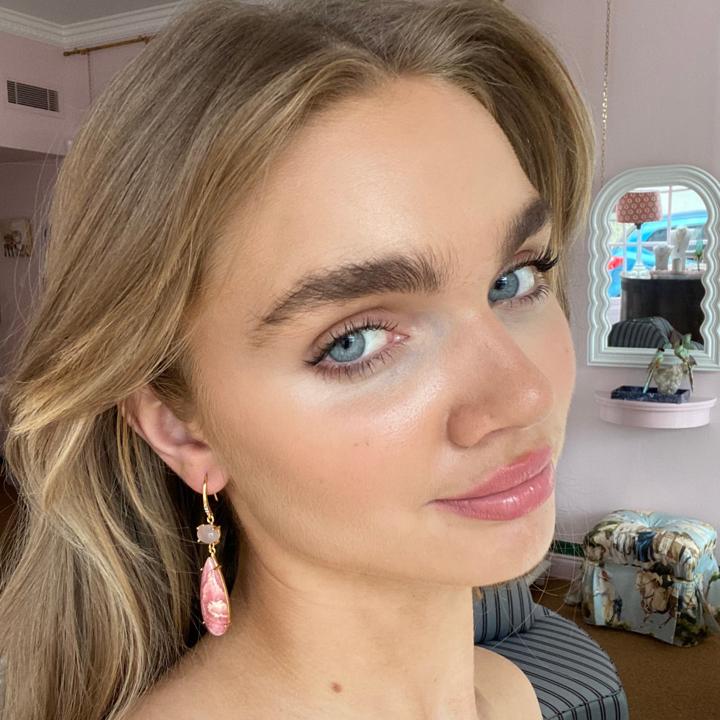 18k Gold Vermeil Rose Quartz and Rhodochrosite Hook Earrings: The Claudia