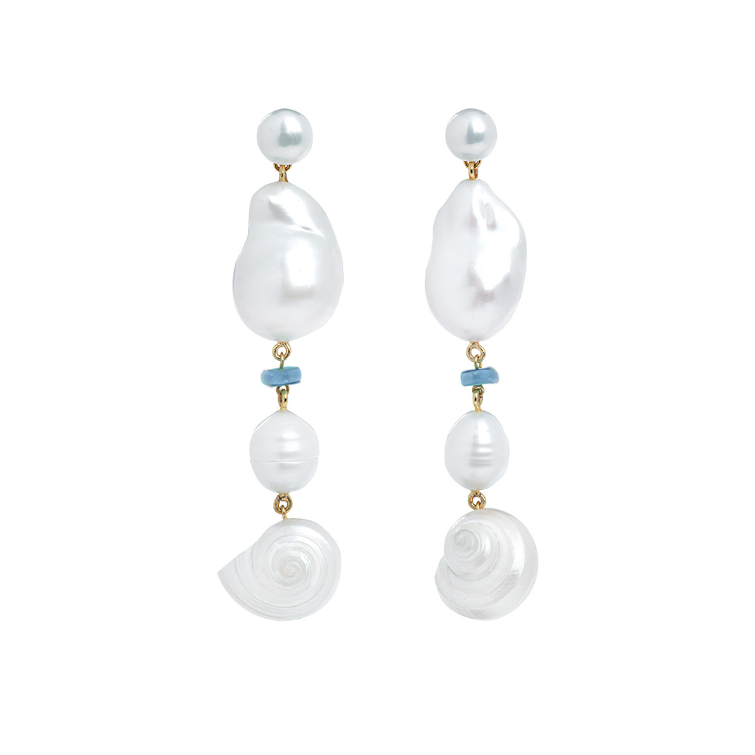 18K Gold Vermeil Natural Sea Shell, Gemstone And Baroque Pearl Drop Earrings in Blue Opal: The Marguerite