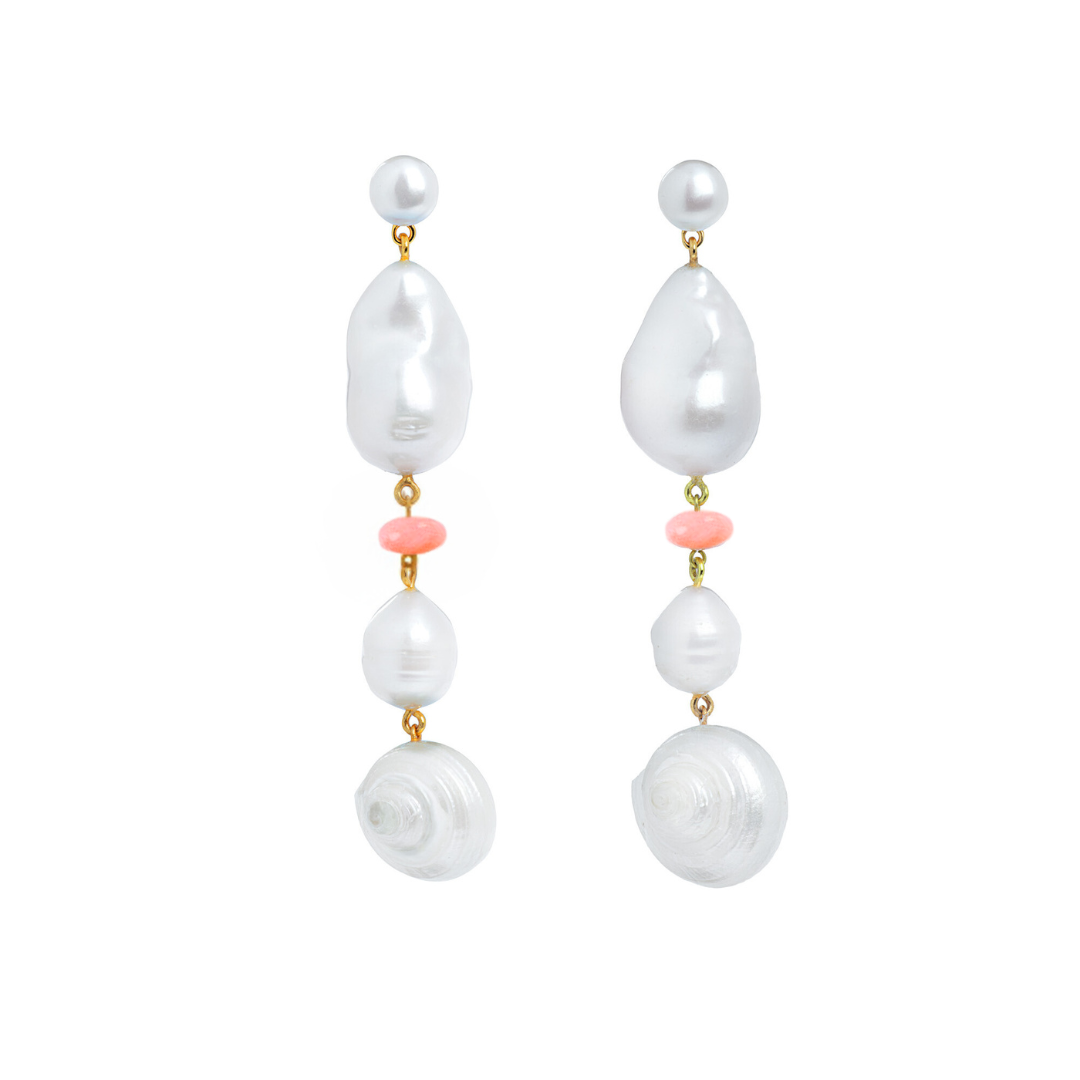 18k Gold Vermeil Natural Sea Shell, Gemstone & Baroque Pearl Earrings in Pink Opal: The Marguerite
