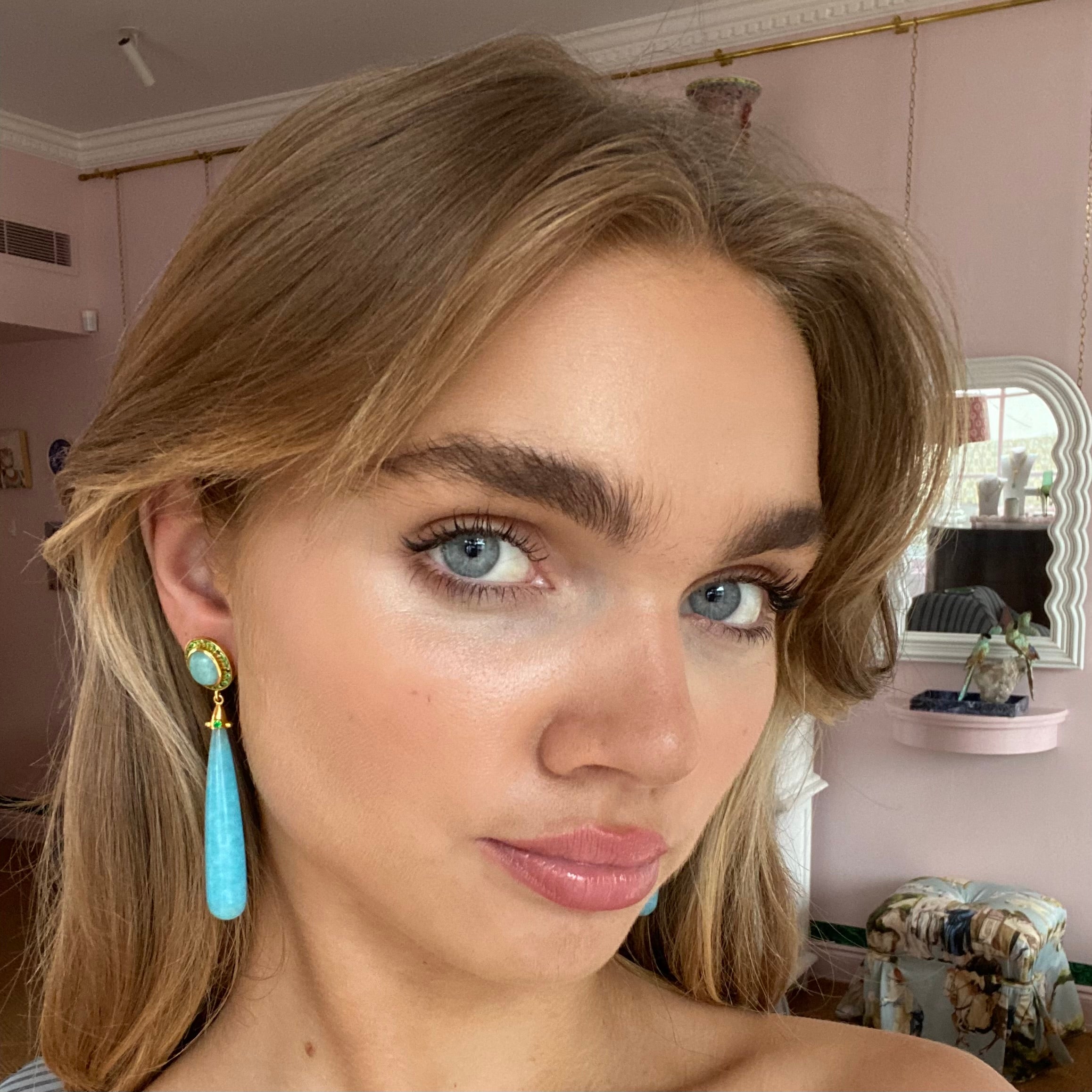 18k Gold Vermeil Amazonite and Smithsonite Drop Earrings: The Bethenny