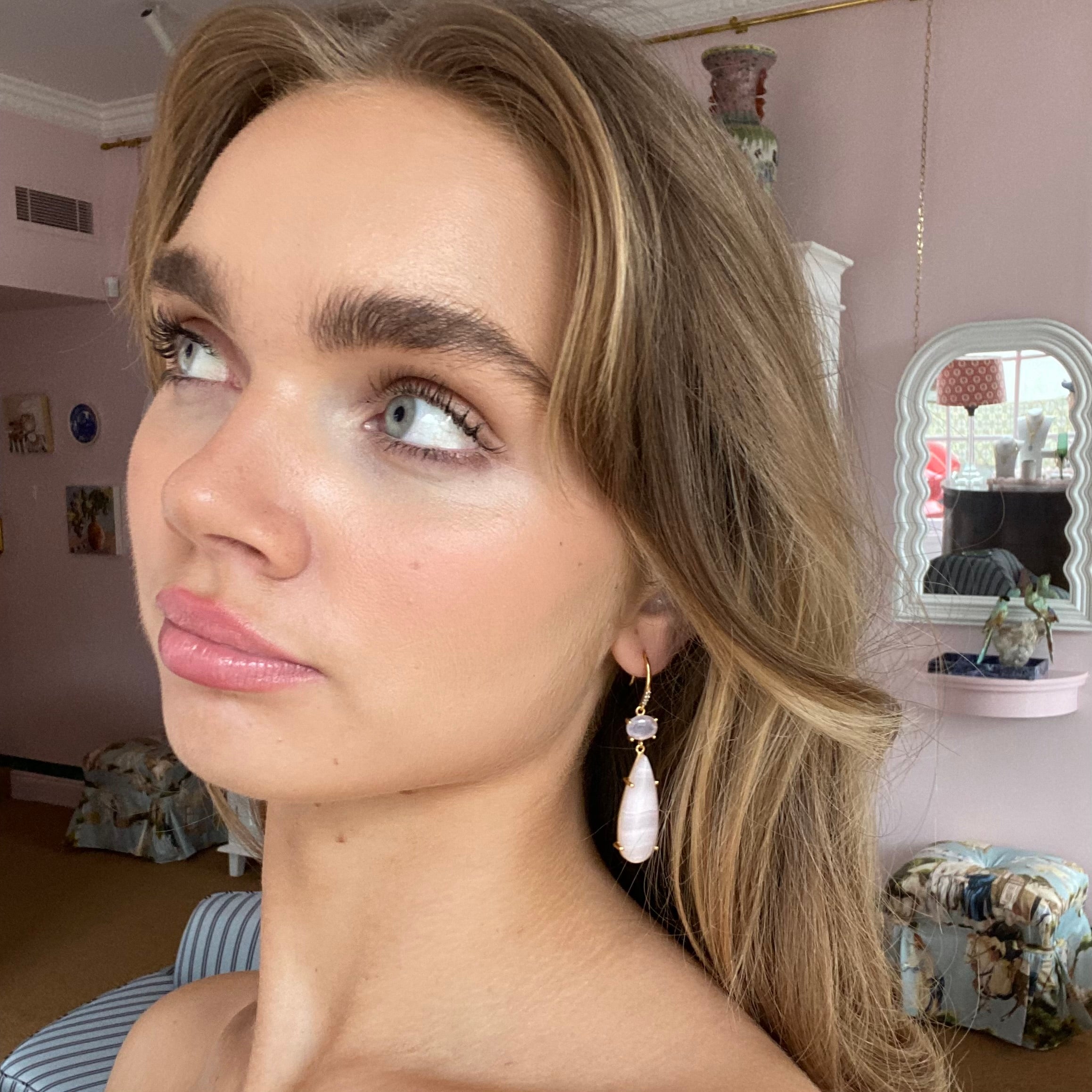 18k Gold Vermeil Rose Quartz and Aragonite Hook Earrings: The Claudia