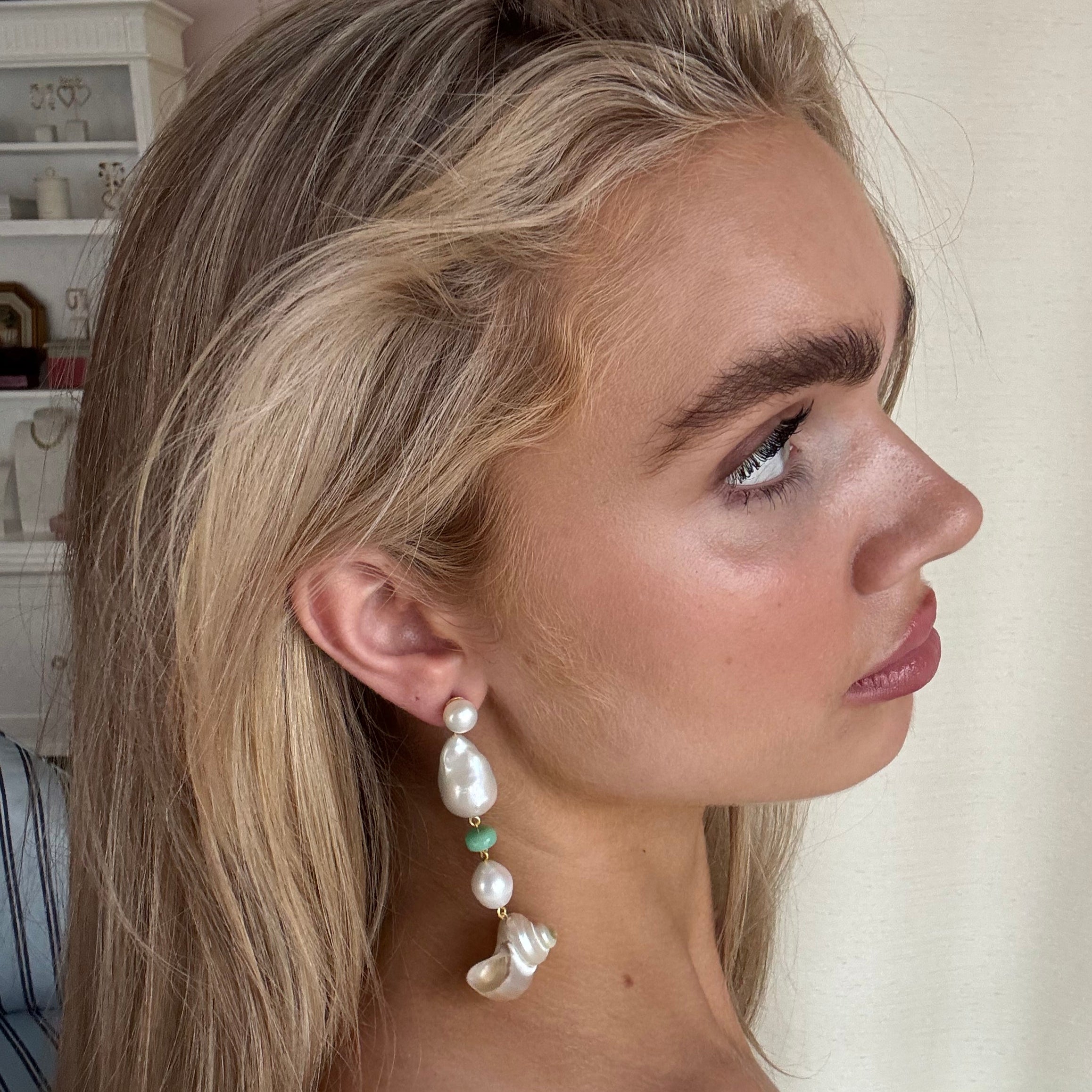 18k Gold Vermeil Natural Sea Shell, Gemstone And Baroque Pearl Drop Earrings in Amazonite: The Marguerite