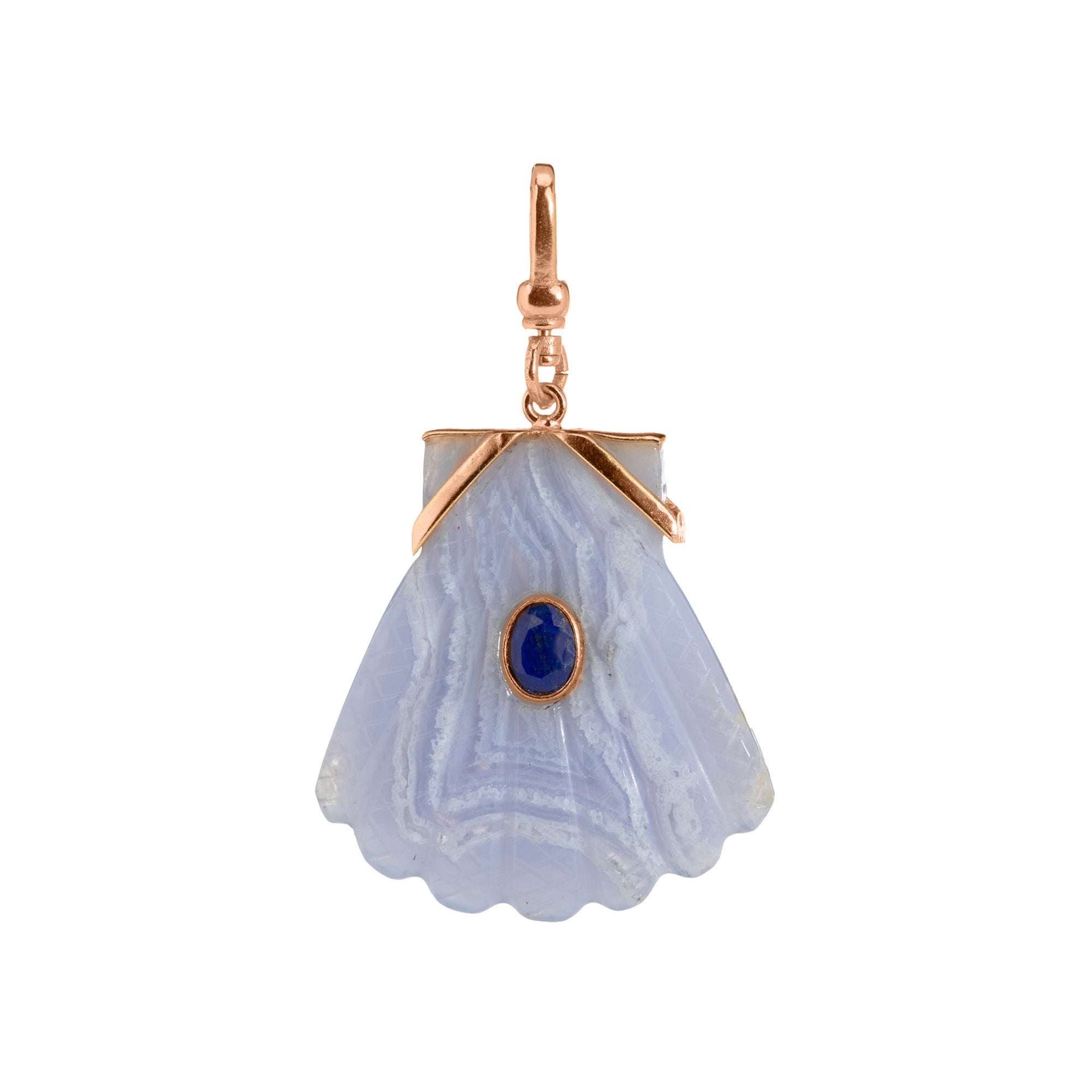 The Mara: Carved Fan Shell in Blue Lace Agate Charm