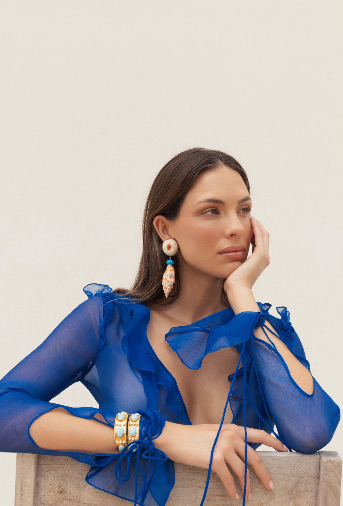 18k Gold Mushroom Coral, Turquoise and Shell Earrings: The Elena