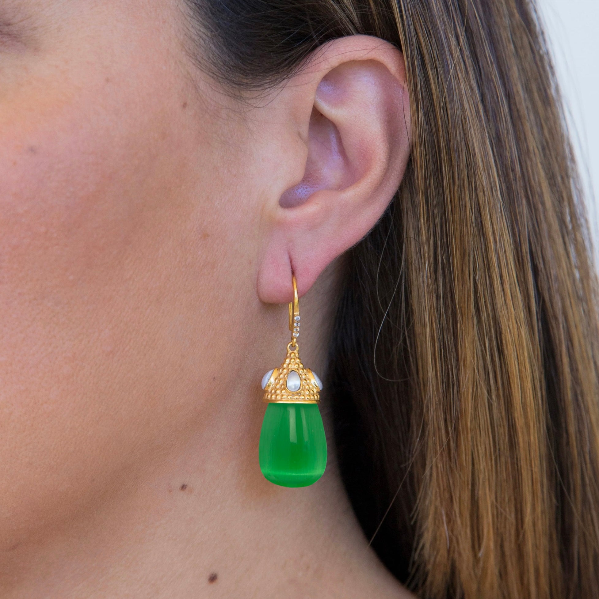 Green Cat's Eye & Pearl Drop Earrings: The Casilda