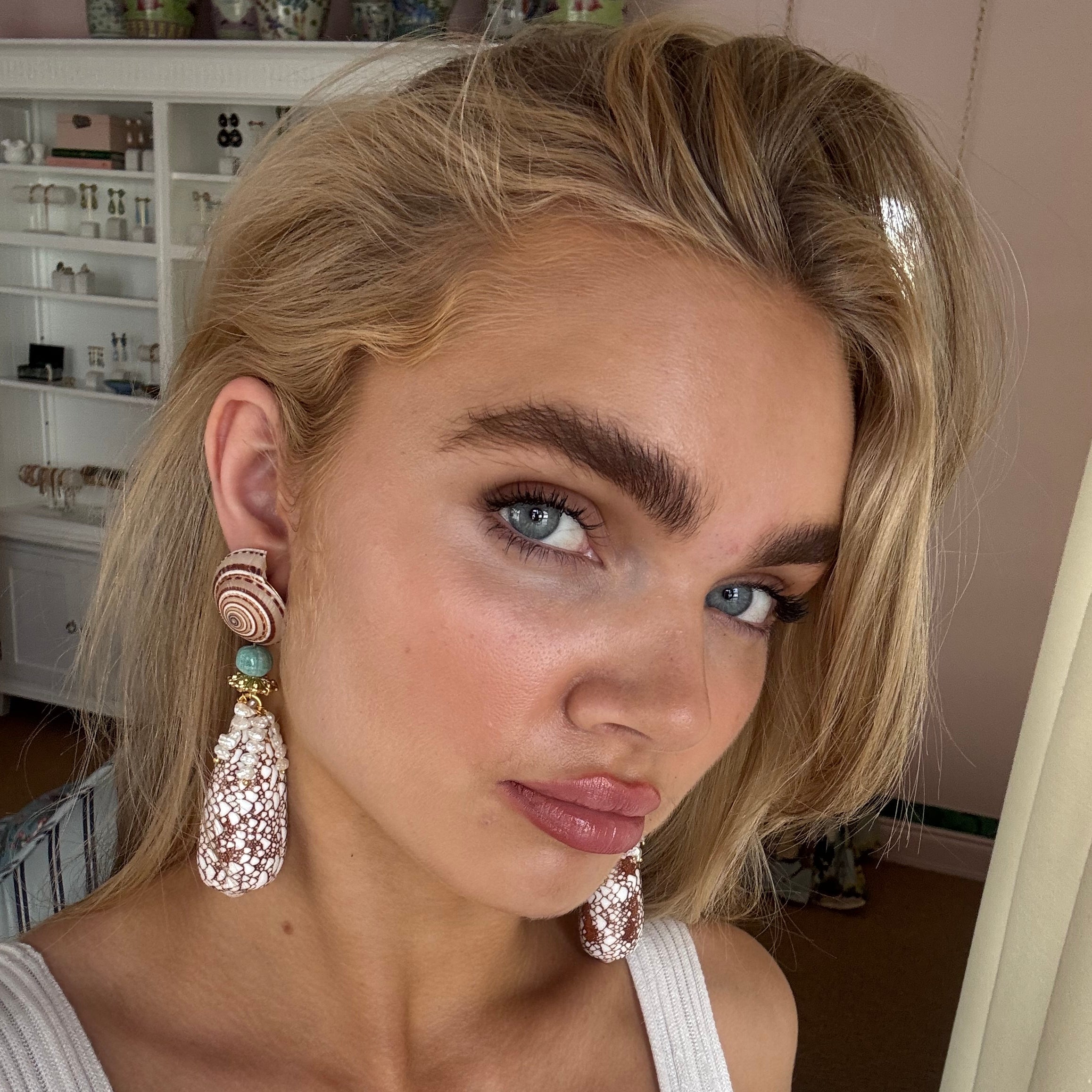 Freshwater Pearl, Natural Seashells and Amazonite Earrings: The Genevieve