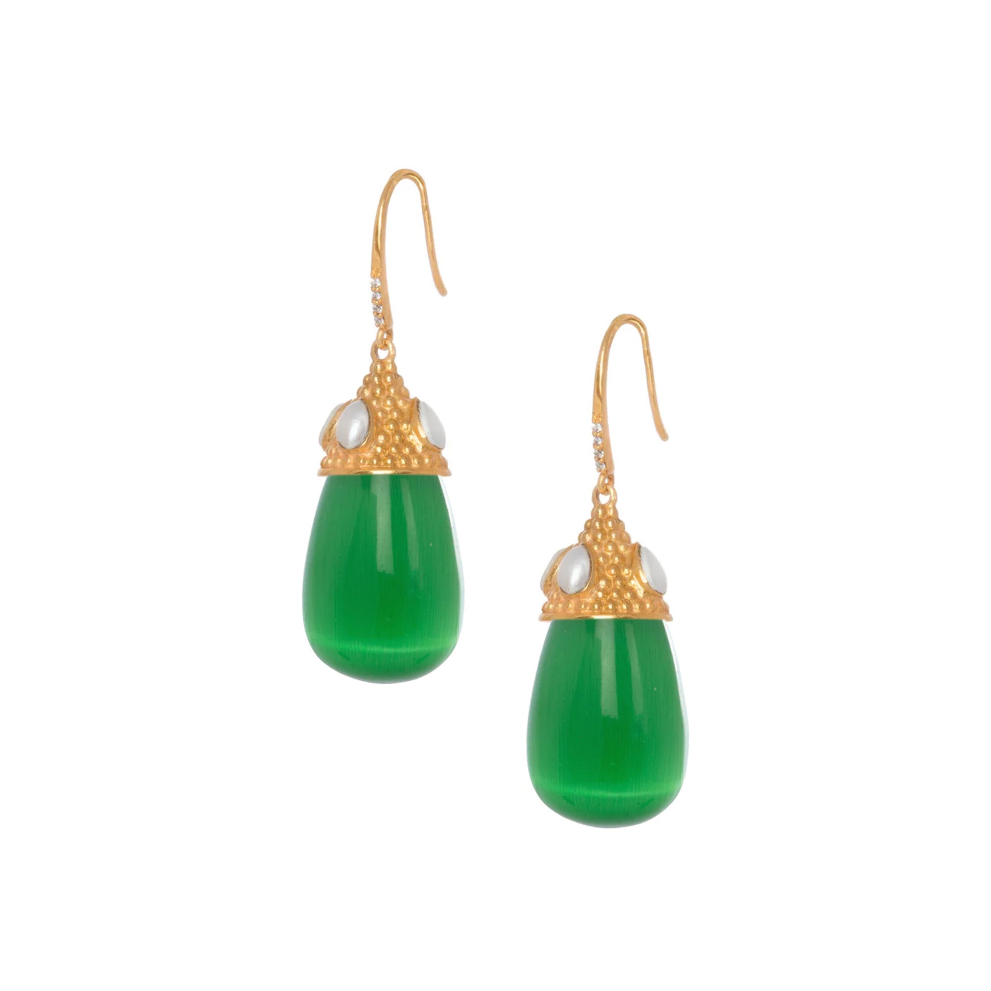 Green Cat's Eye & Pearl Drop Earrings: The Casilda