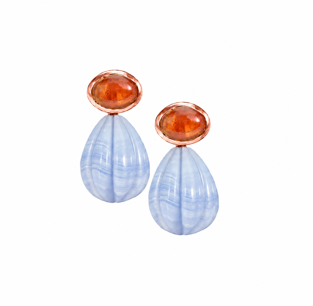 Orange Tourmaline & Carved Blue Lace Agate Drop: The Salma
