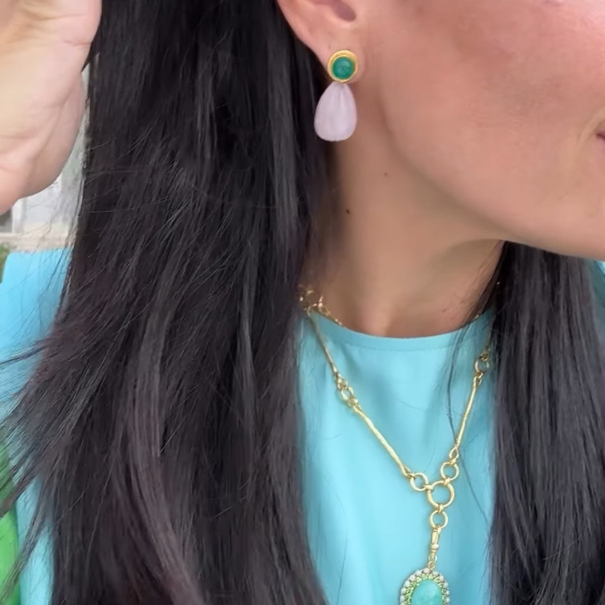 The Jimena: Green Onyx & Carved Rose Quartz Drop Earrings