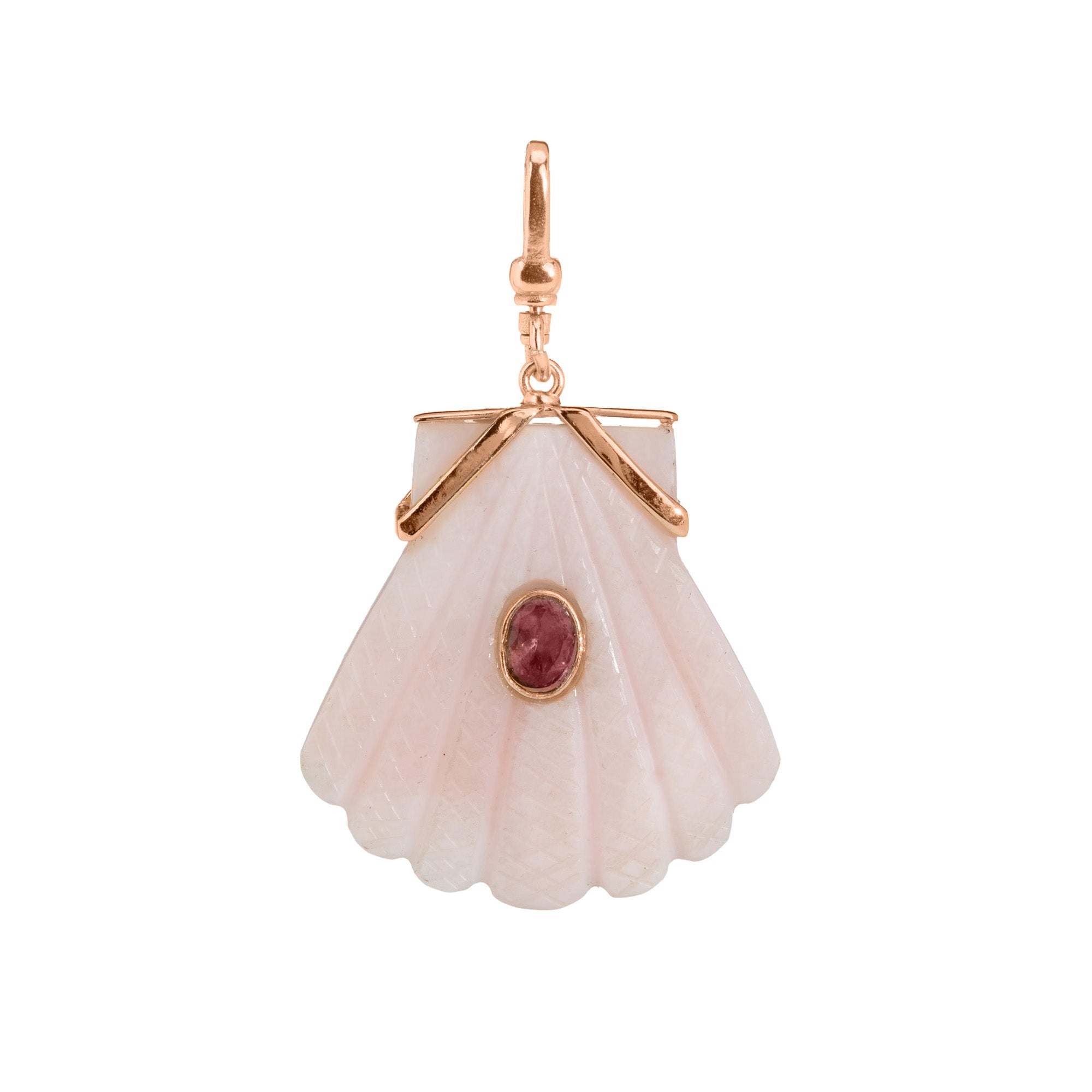 The Mara: Reversible Carved Fan Shell Charm in Pink Opal