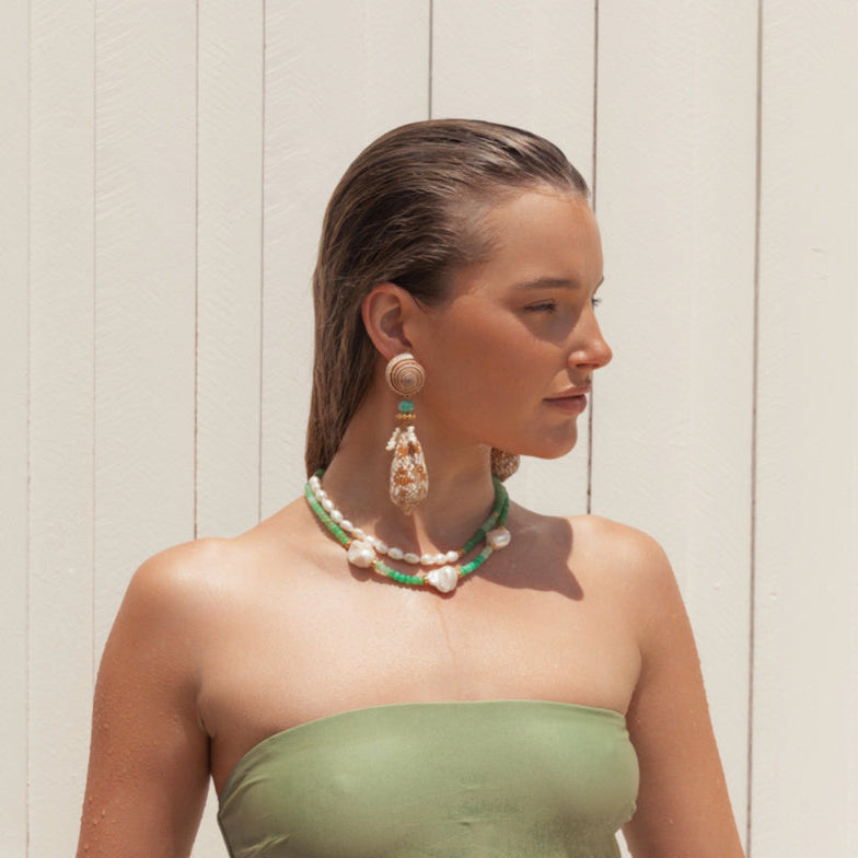 Freshwater Pearl, Natural Seashells and Amazonite Earrings: The Genevieve