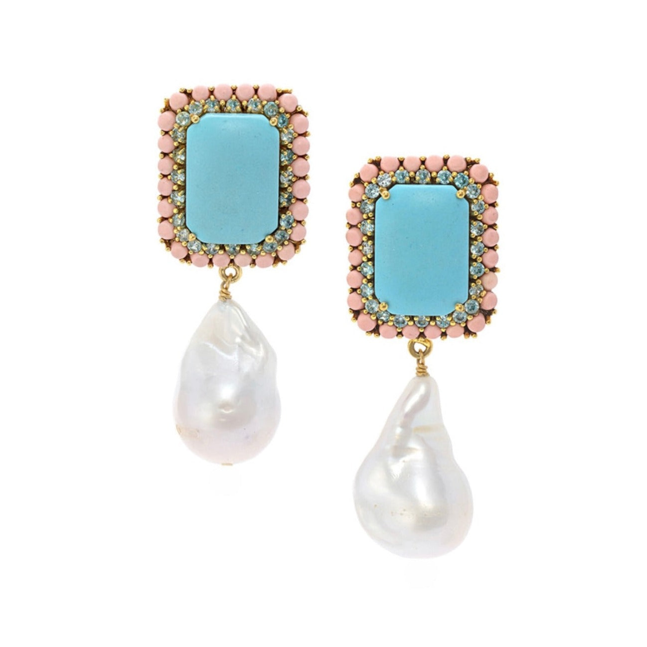 18k Gold Vermeil Turquoise, Coral and Baroque Pearl Earrings: The Victoria