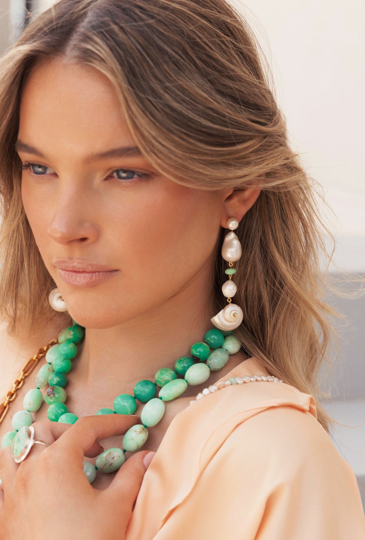 18k Gold Vermeil, Baroque Pearl, Chrysoprase and Natural Seashell Drop Earrings: The Marguerite