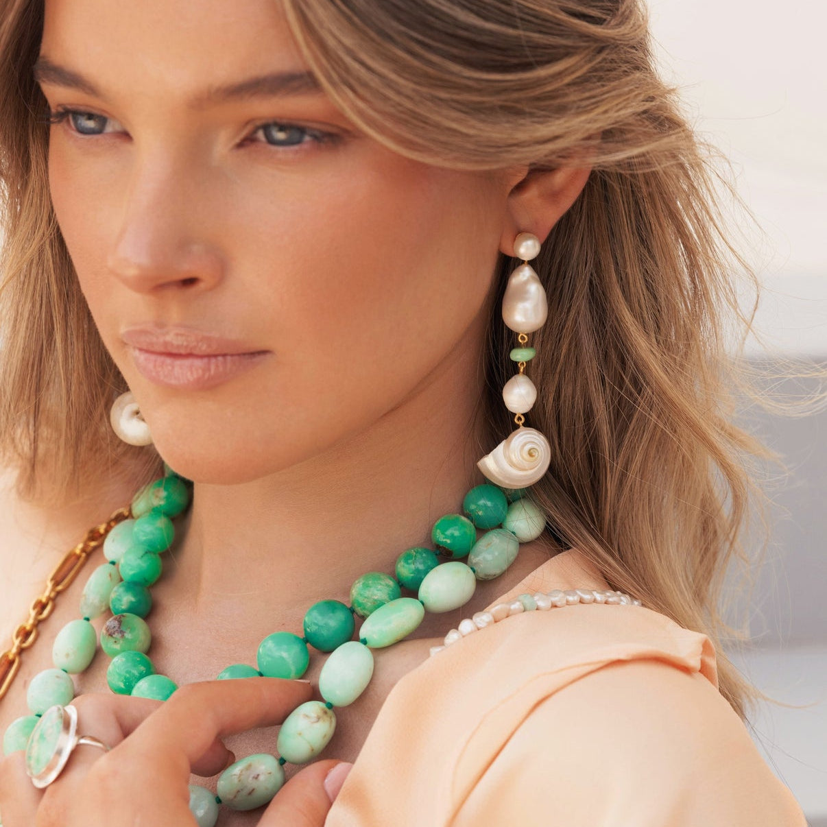 18k Gold Vermeil, Baroque Pearl, Chrysoprase and Natural Seashell Drop Earrings: The Marguerite