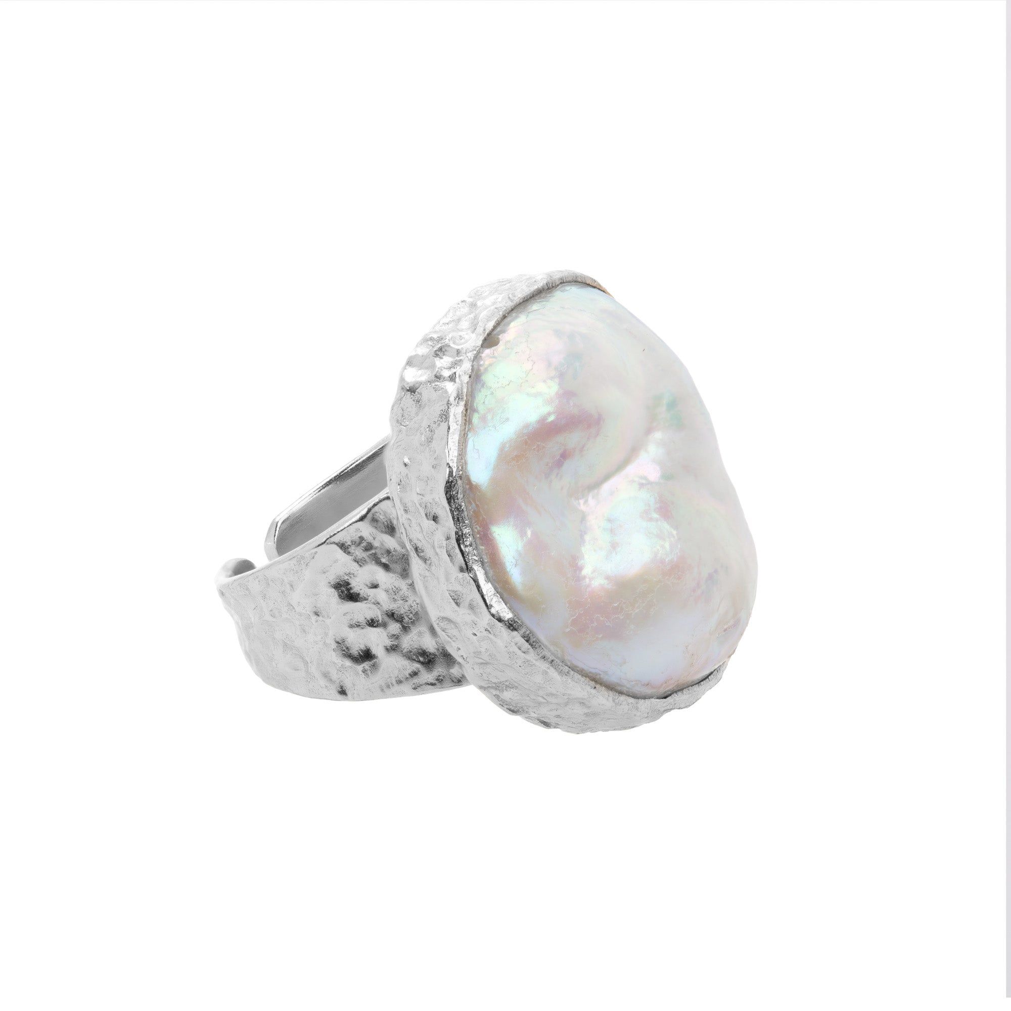 Large baroque pearl hammered band ring: The Sandra