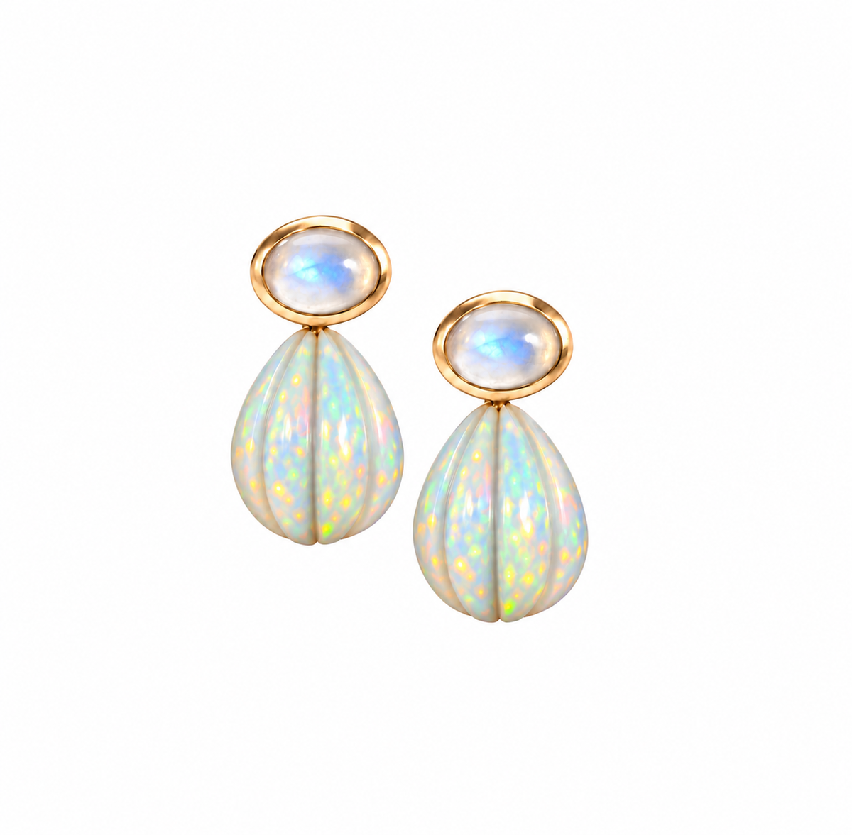 Rainbow Moonstone & Opal Carved Drop Earrings: The Salma