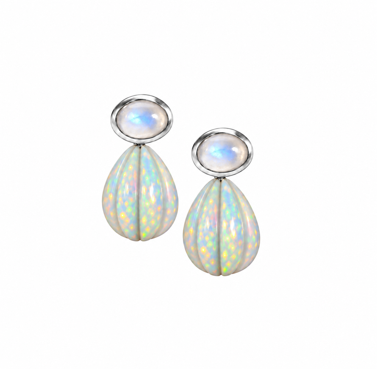 Rainbow Moonstone & Opal Carved Drop Earrings: The Salma
