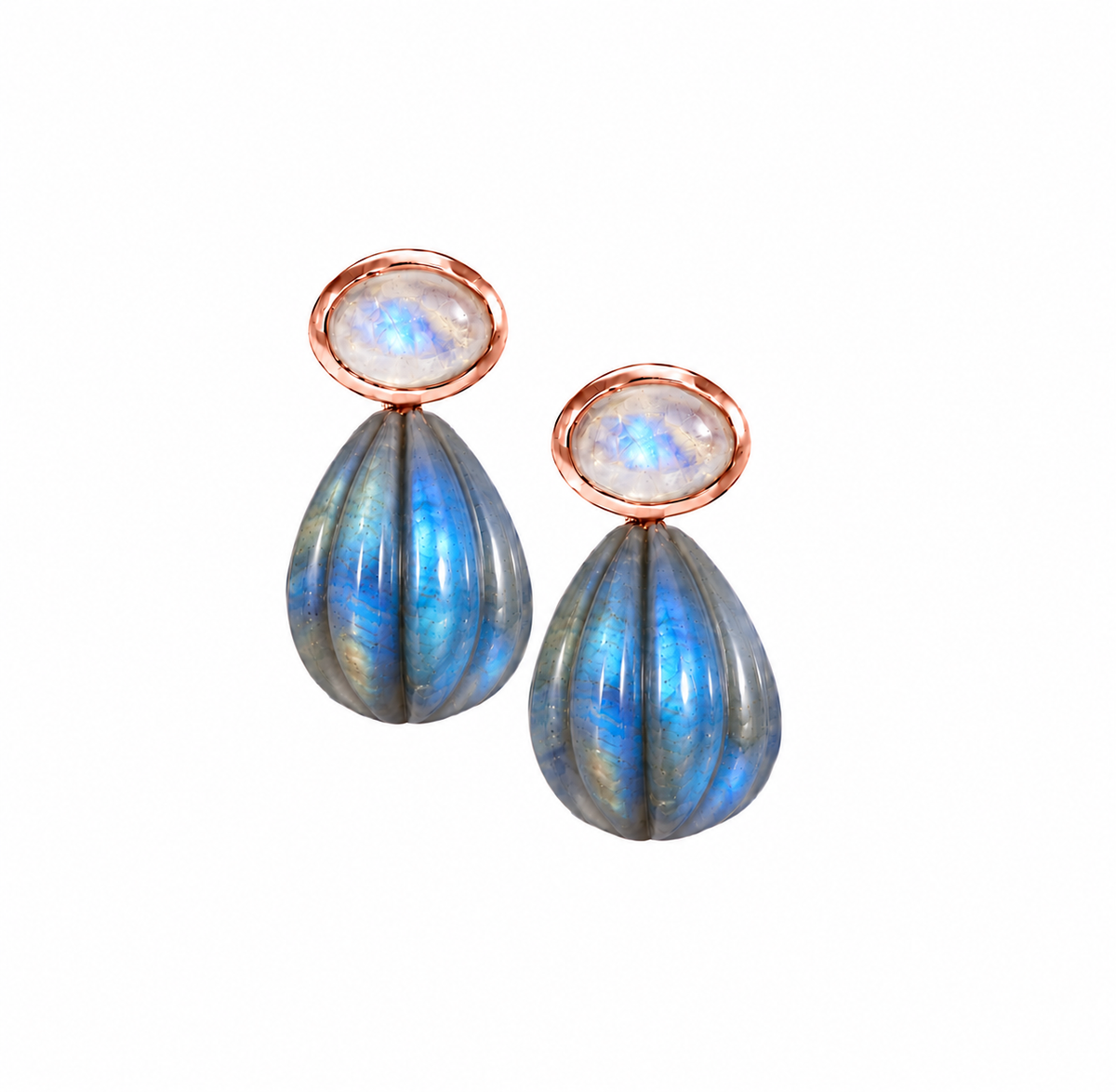 Rainbow Moonstone & Labradorite Carved Drop Earrings: The Salma