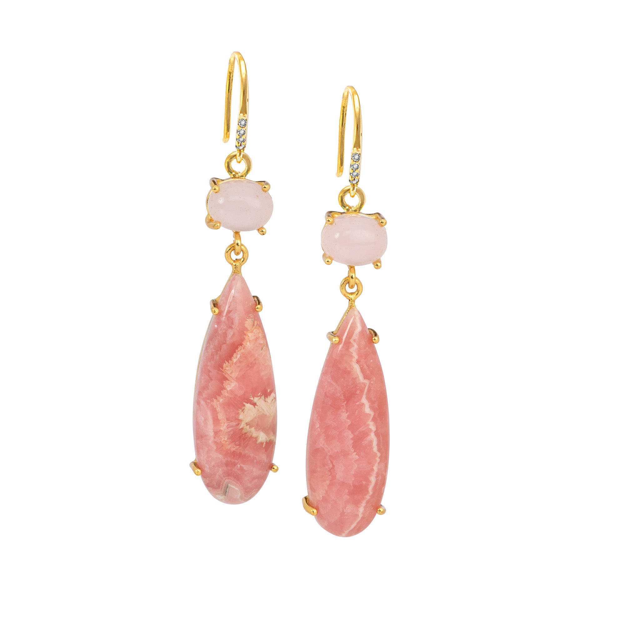 18k Gold Vermeil Rose Quartz and Rhodochrosite Hook Earrings: The Claudia