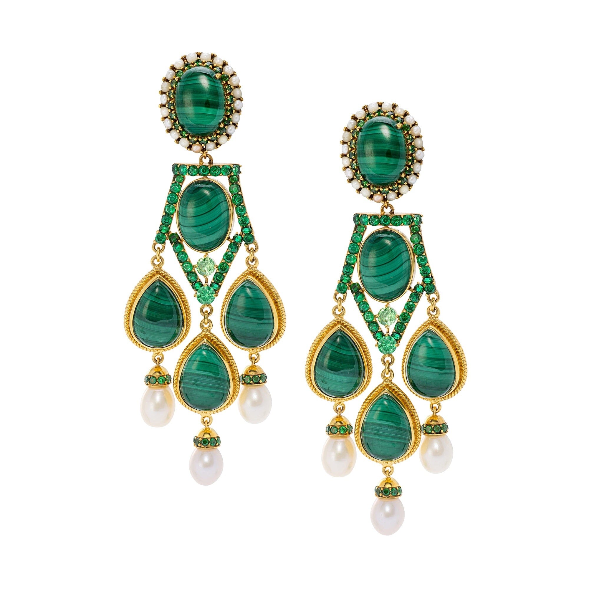 Green Gemstone Chandelier Earrings 18k Gold Vermeil Malachite