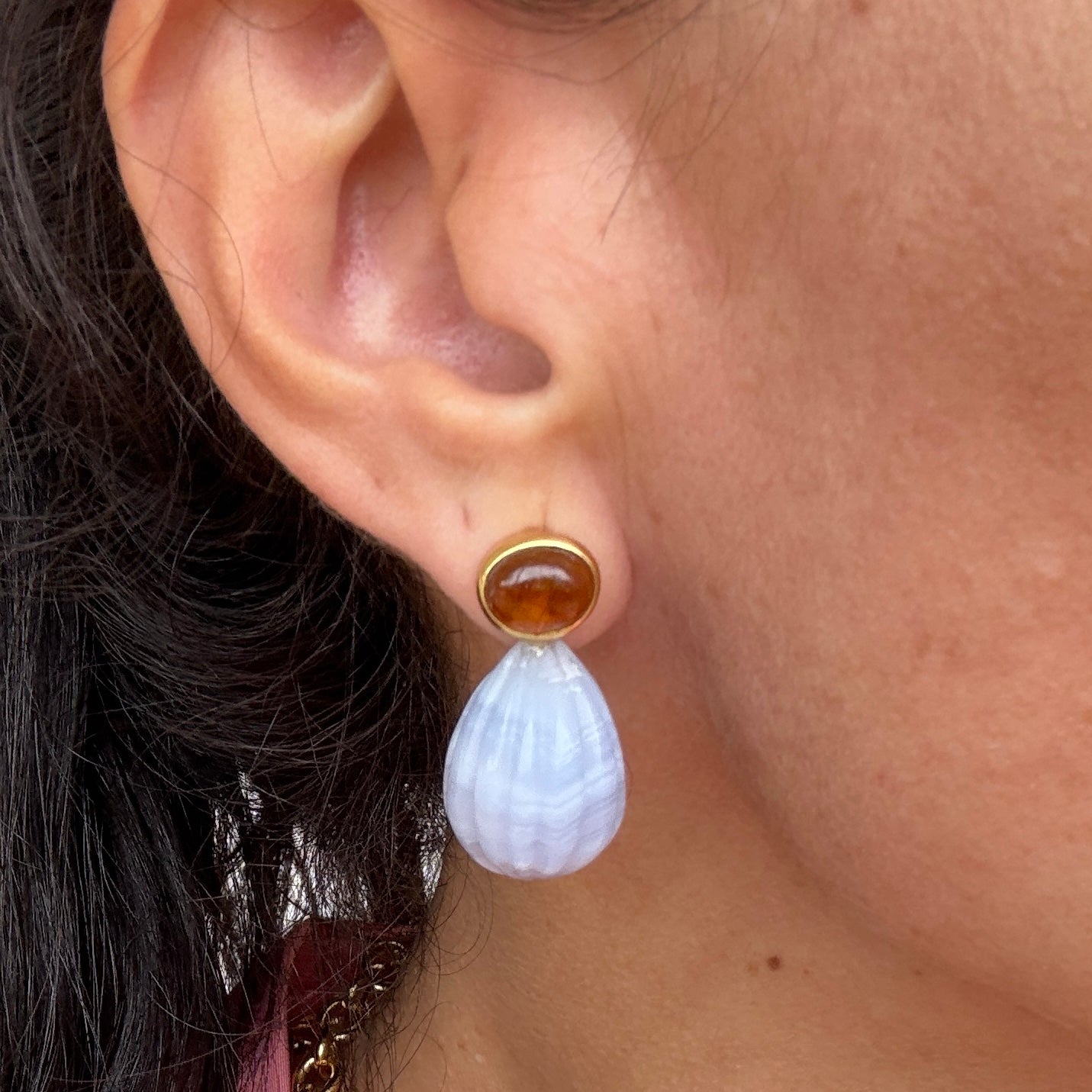 The Marietta: Orange Tourmaline & Carved Blue Lace Agate Drop