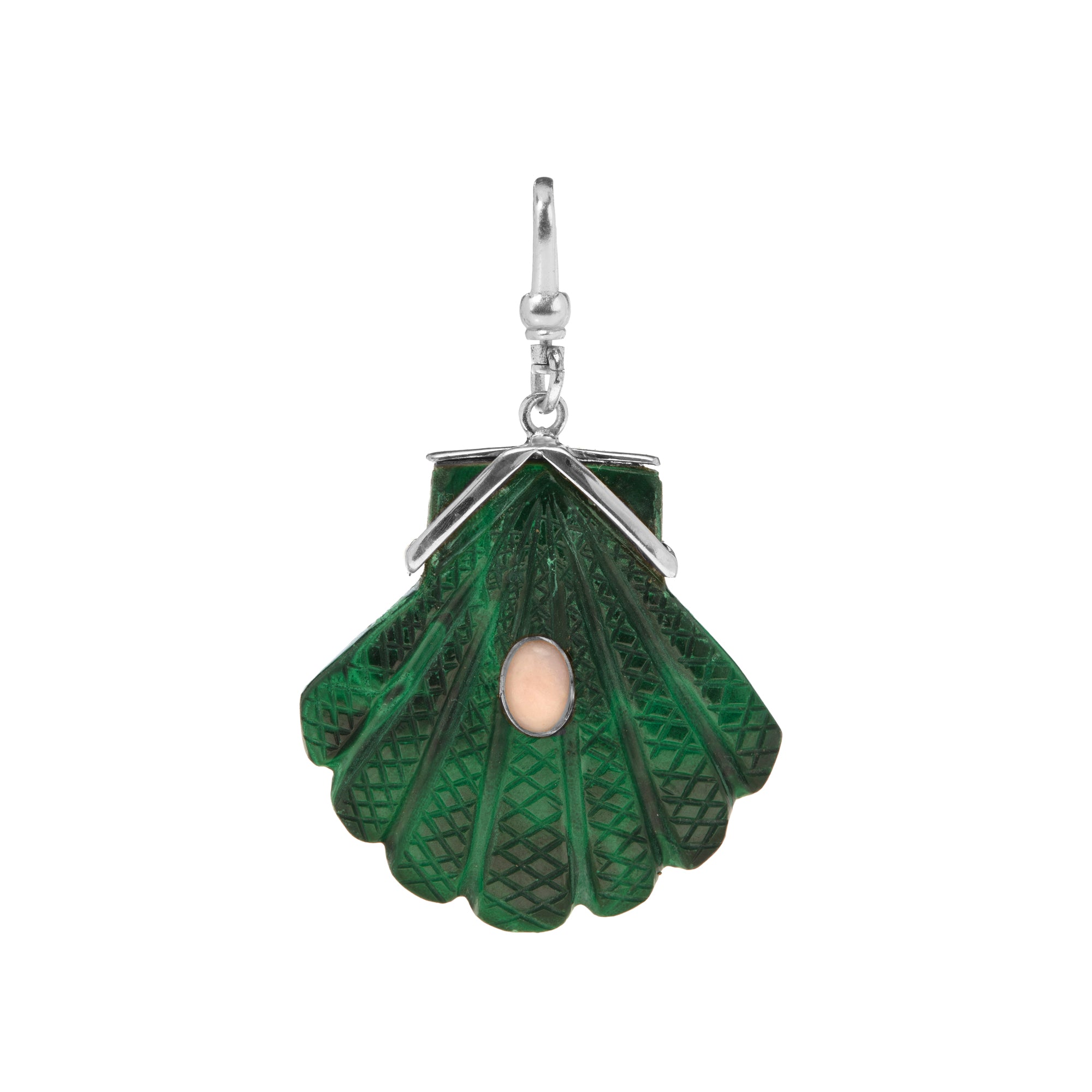 The Mara: Reversible Carved Fan Shell Charm In Malachite