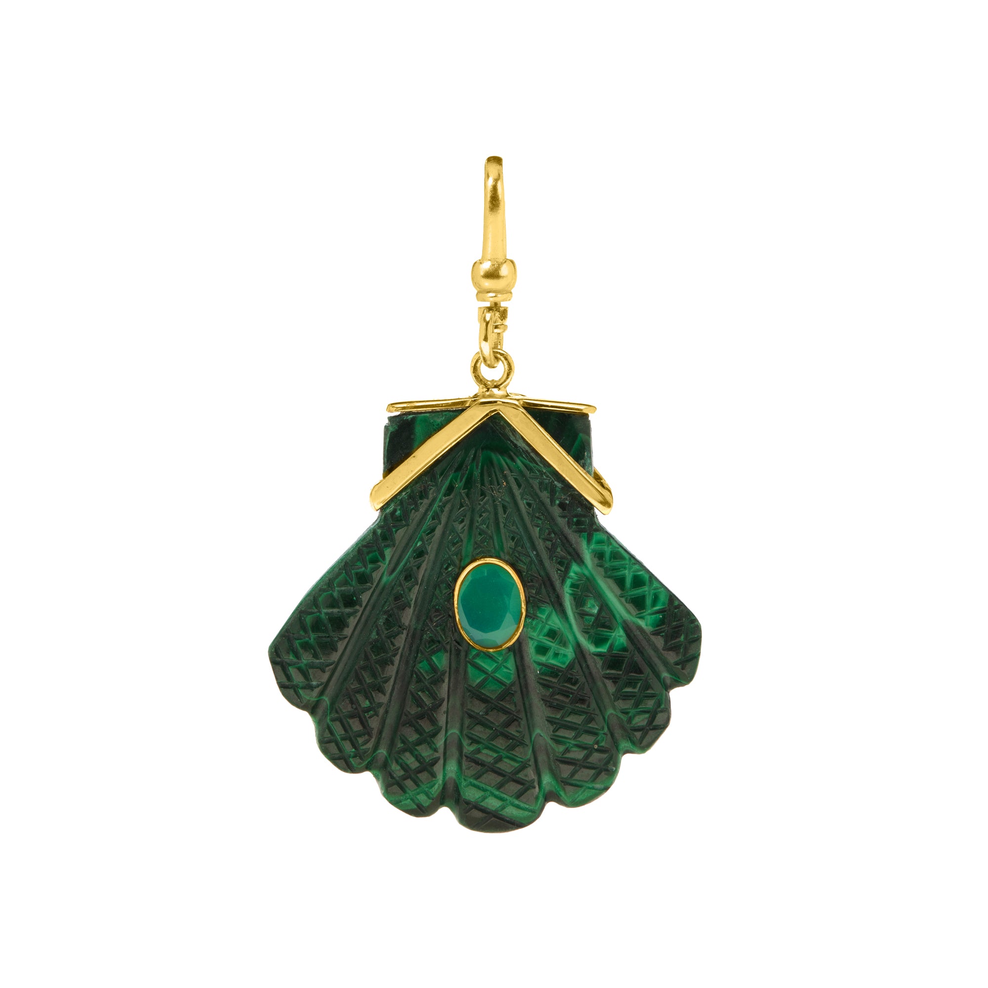The Mara: Reversible Carved Fan Shell Charm In Malachite