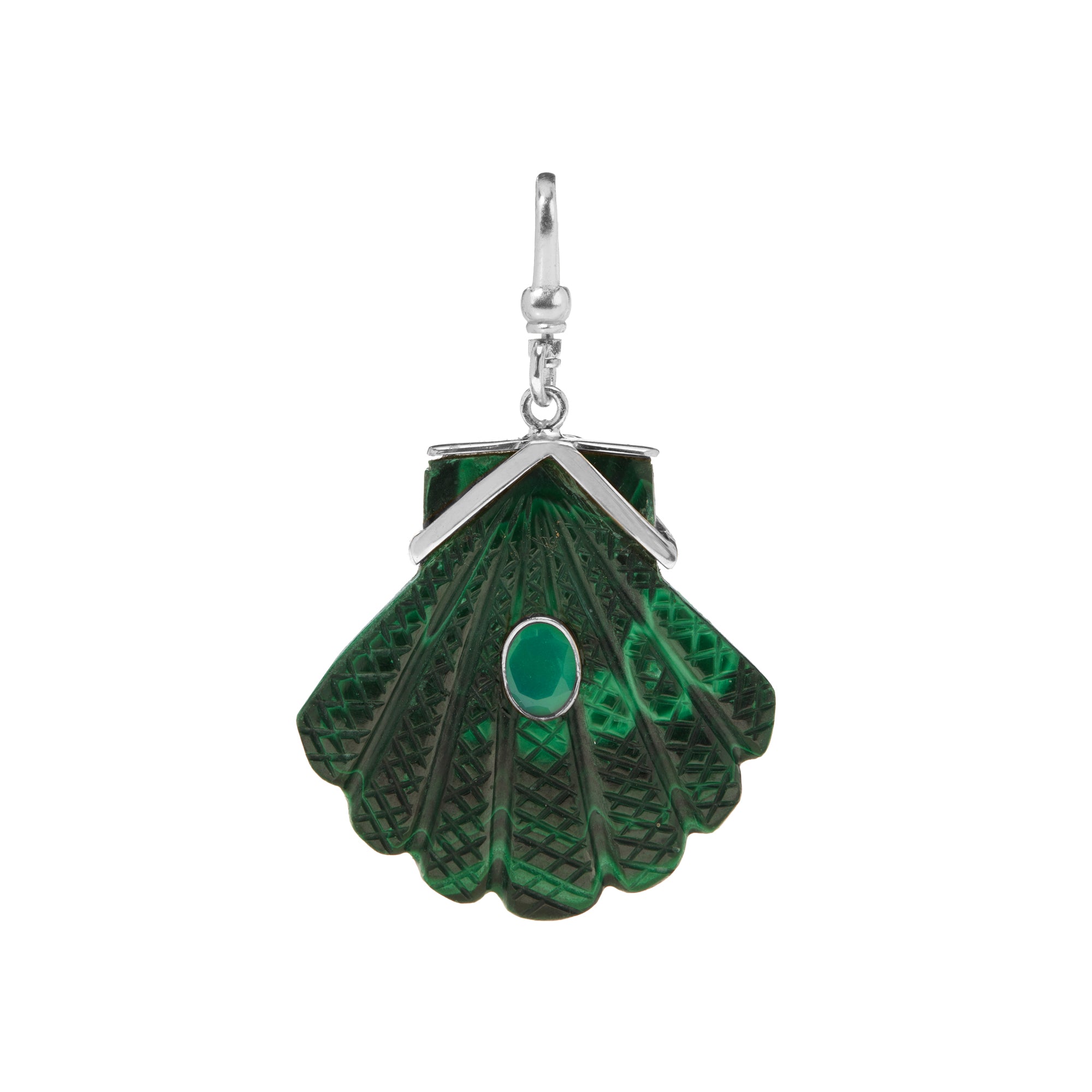 The Mara: Reversible Carved Fan Shell Charm In Malachite