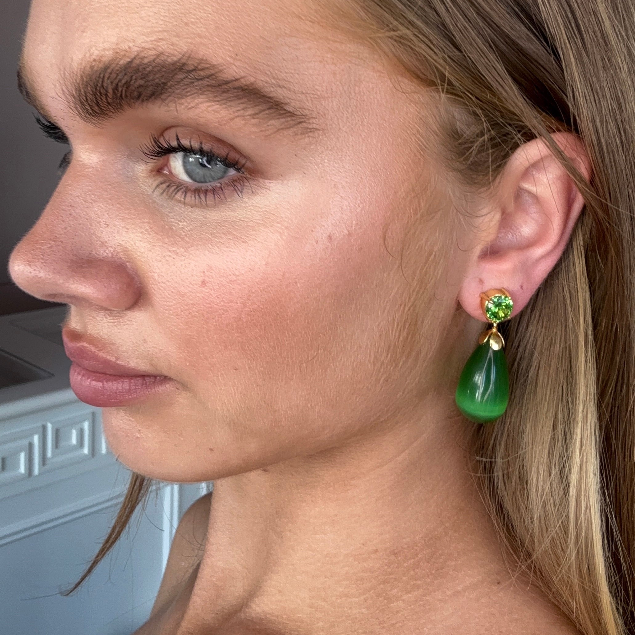 Emerald Green and Cat's Eye Drop Earrings: The Loren