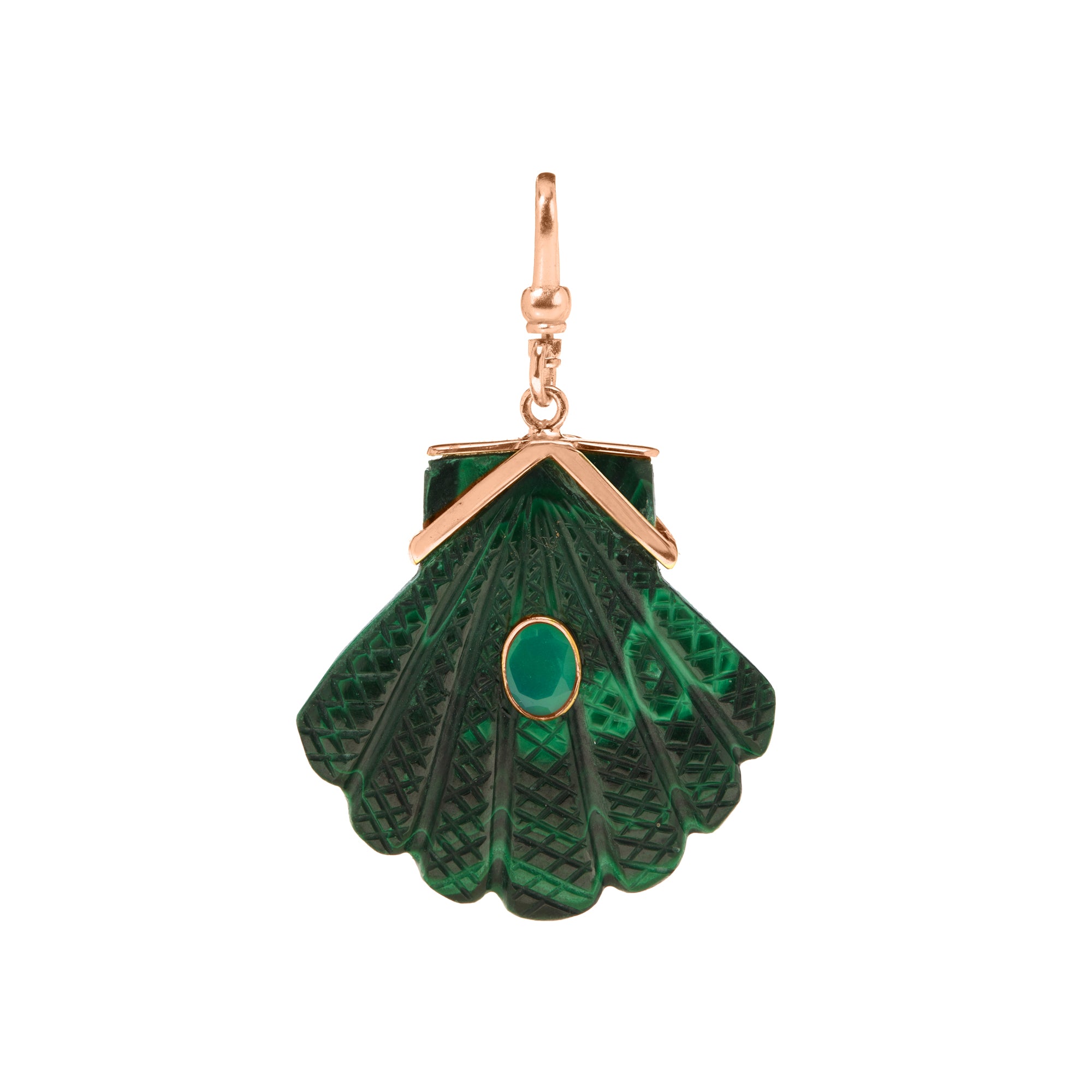 The Mara: Reversible Carved Fan Shell Charm In Malachite