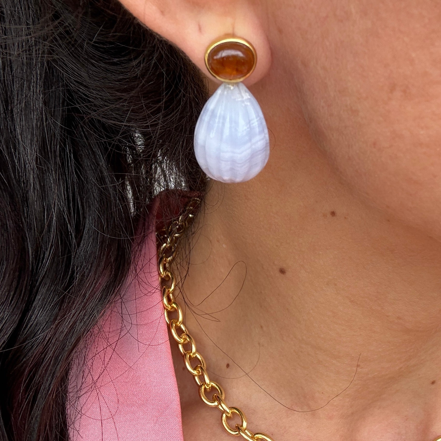 The Marietta: Orange Tourmaline & Carved Blue Lace Agate Drop