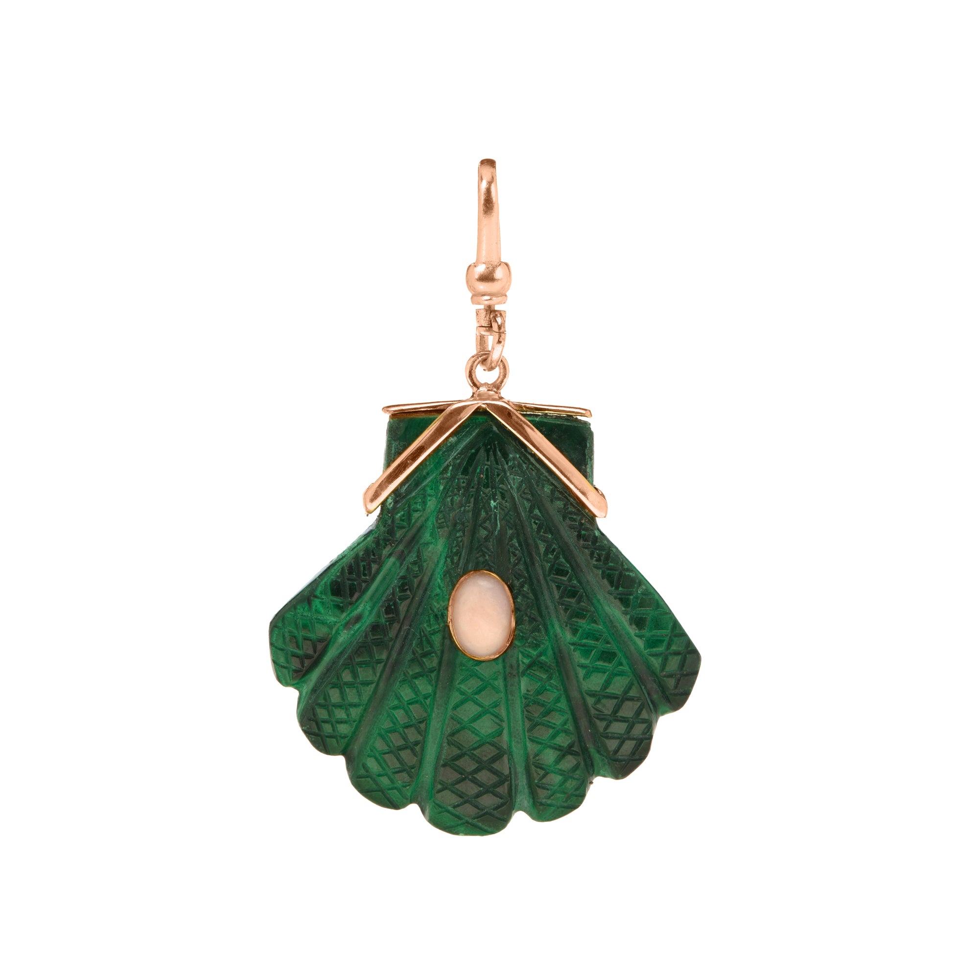 The Mara: Reversible Carved Fan Shell Charm In Malachite