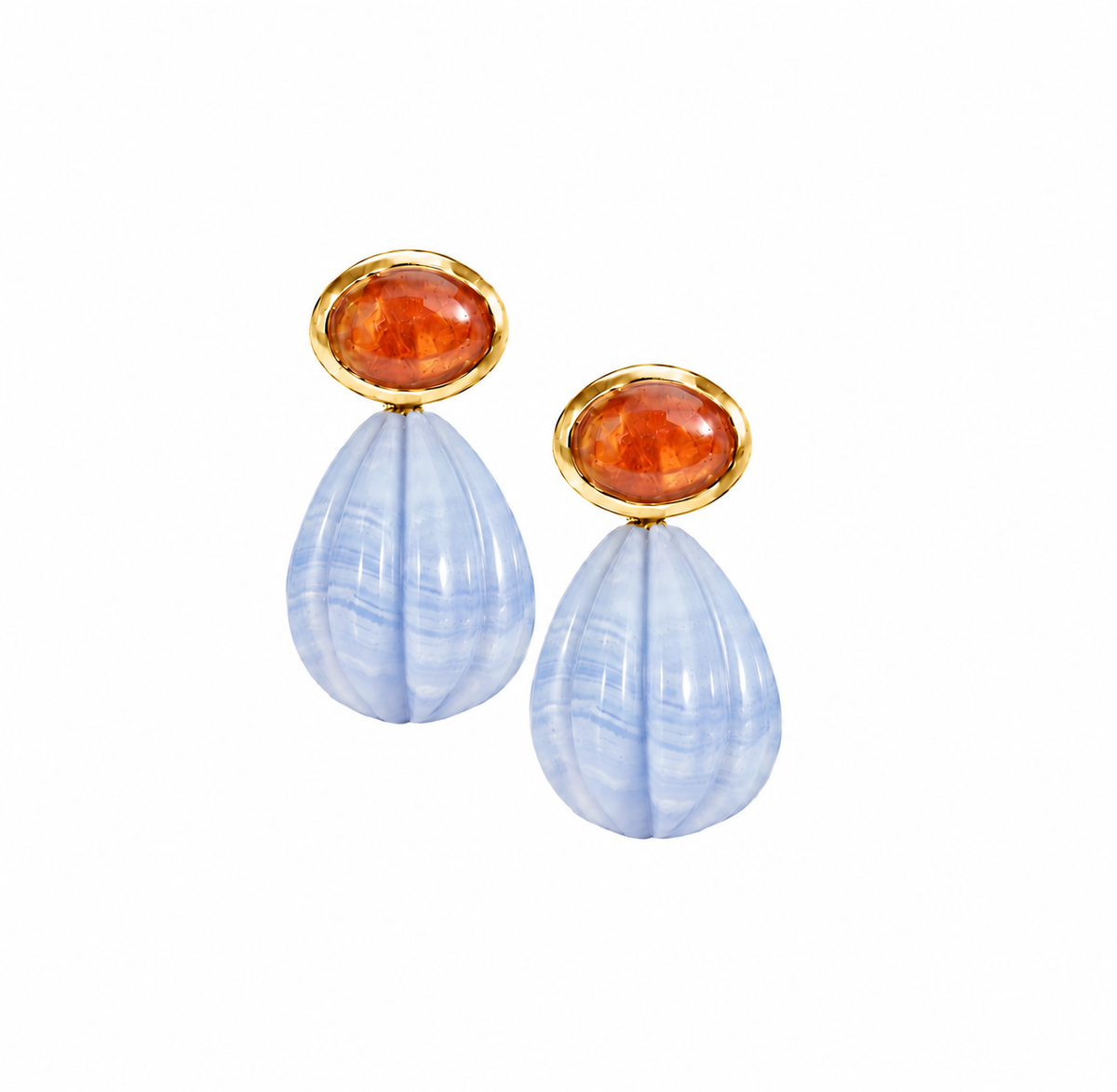 Orange Tourmaline & Carved Blue Lace Agate Drop: The Salma