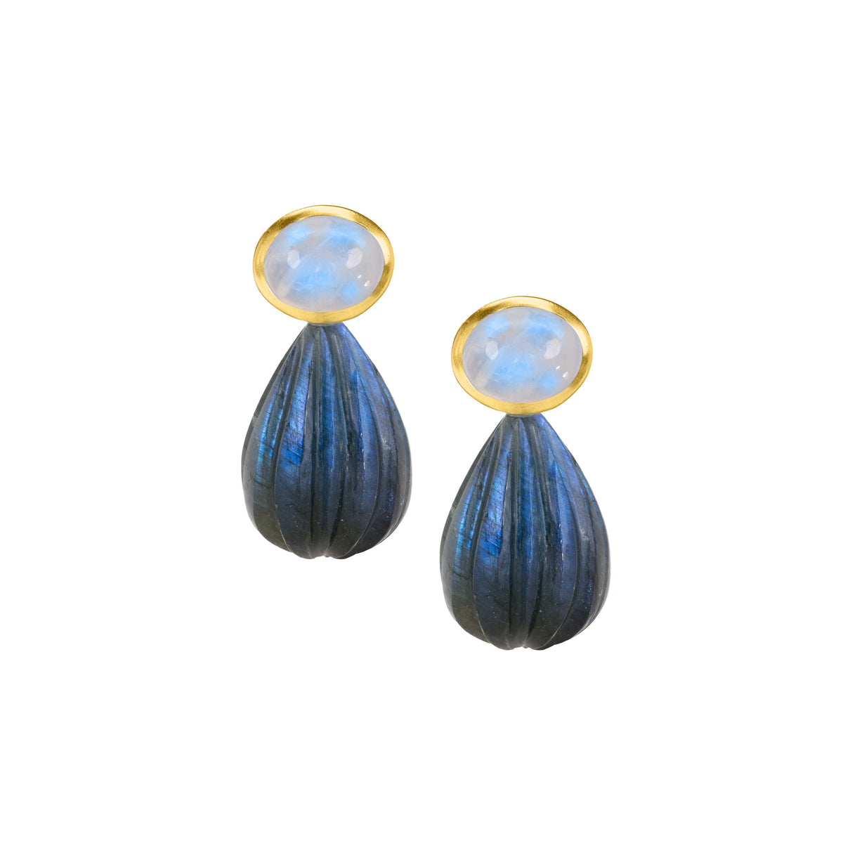 The Salma: Rainbow Moonstone & Labradorite Carved Drop Earrings