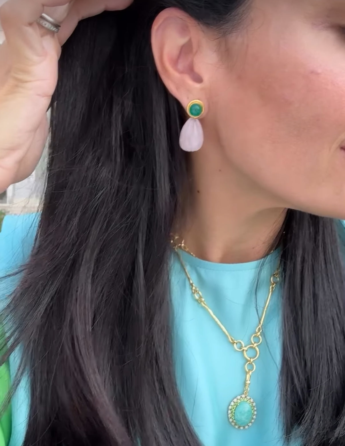 Green Onyx & Carved Rose Quartz Drop Earrings: The Jimena