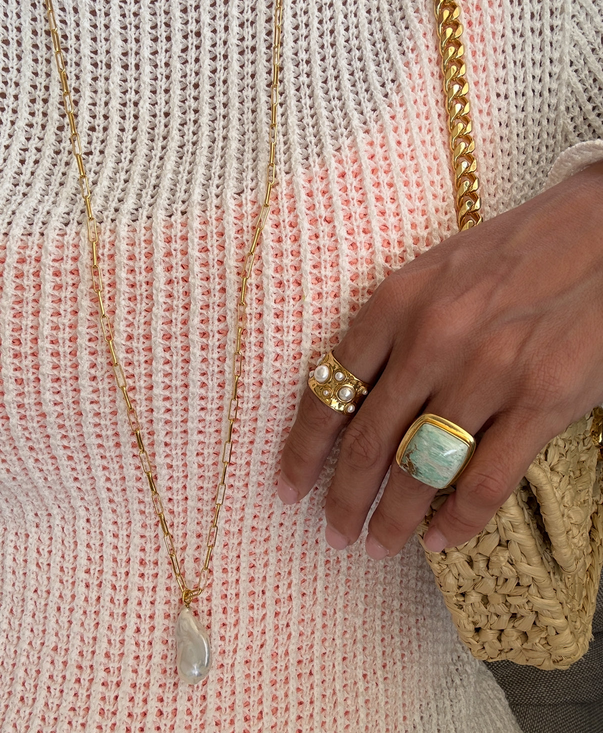 Thick Pearl Hammered Ring: The Yolanda