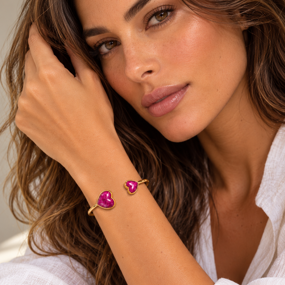 Double Pink Mohave Heart Gemstone Adjustable Cuff: The Saree