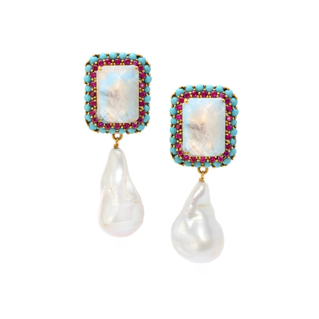 18k Gold Vermeil Moonstone, Turquoise and Baroque Pearl Earrings: The Victoria