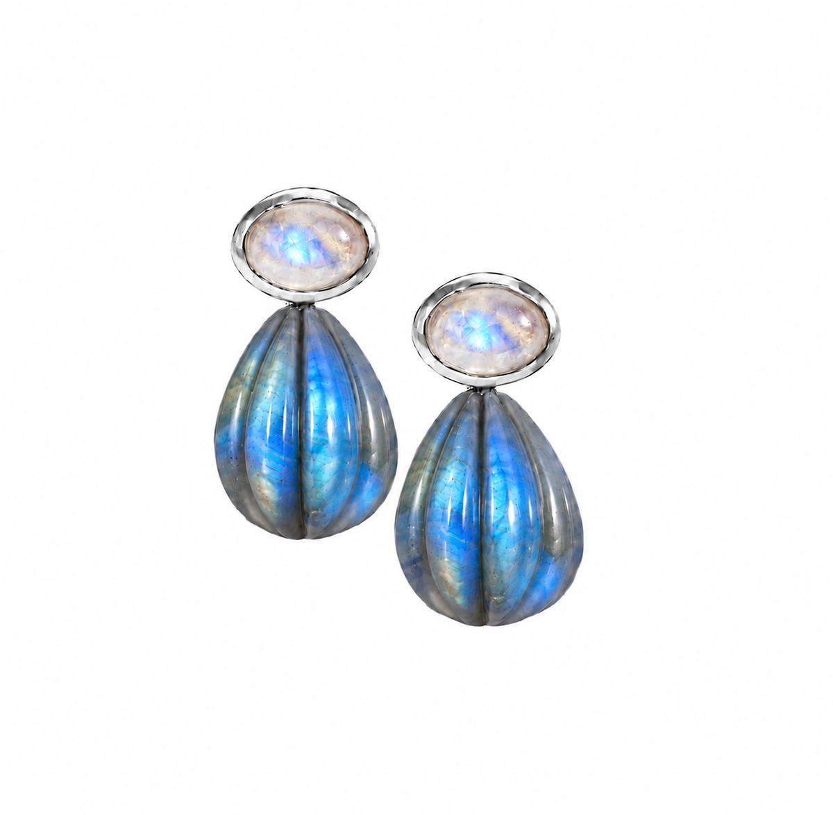 Rainbow Moonstone & Labradorite Carved Drop Earrings: The Salma
