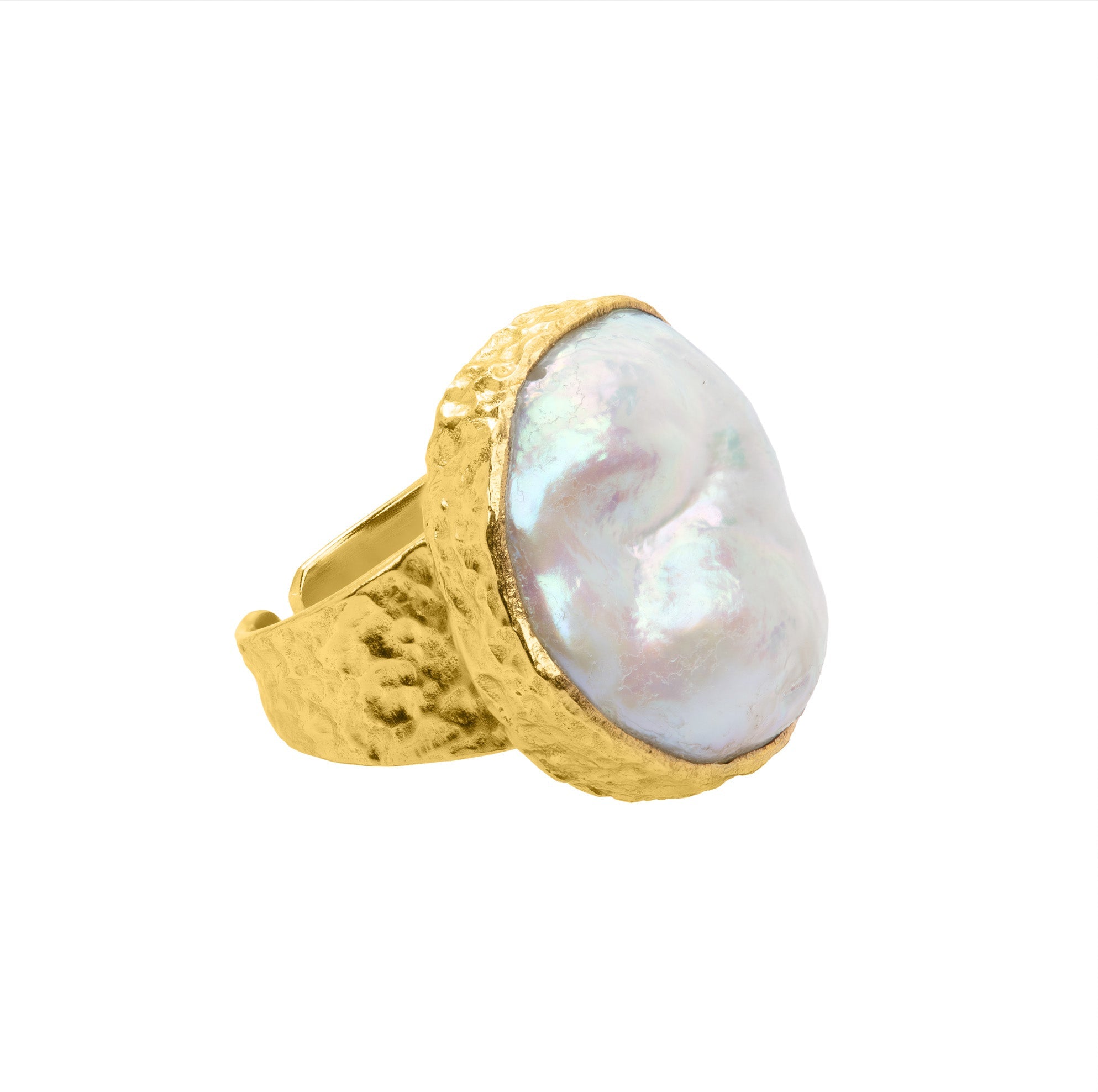 Large baroque pearl hammered band ring: The Sandra