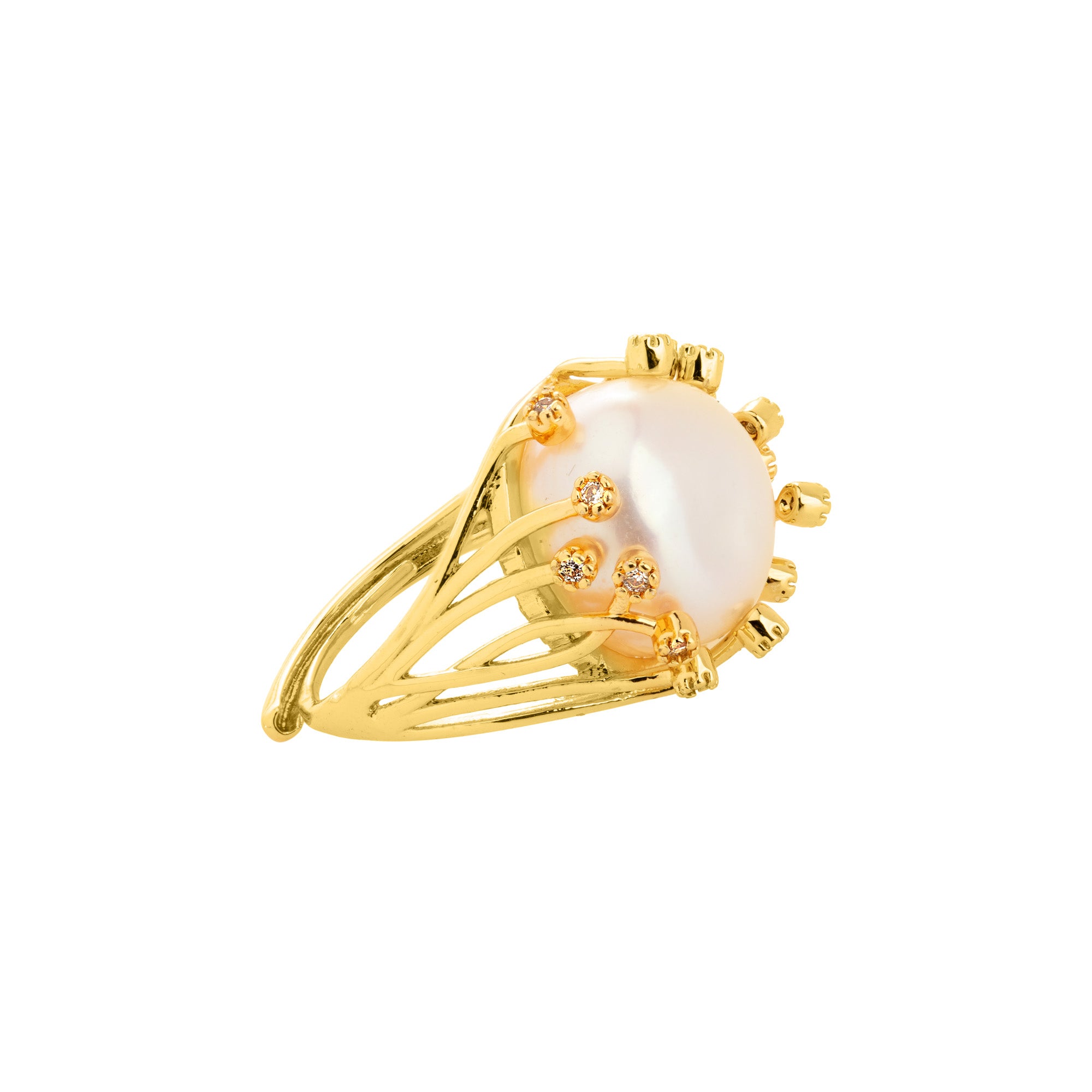 Freshwater Pearl and White Topaz Prong Ring: The Carina