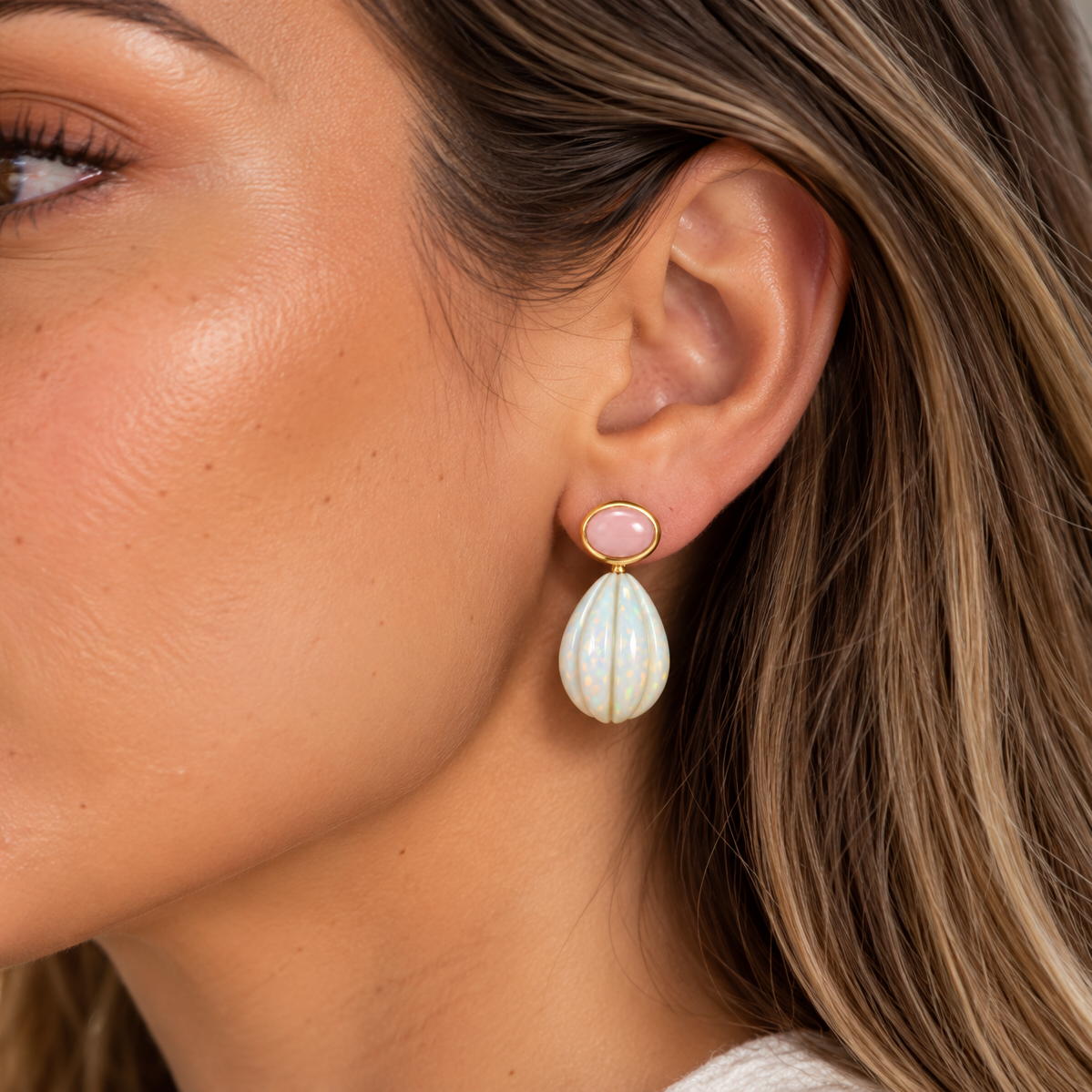 Peruvian Pink Opal & Opal Carved Drop Earrings: The Salma