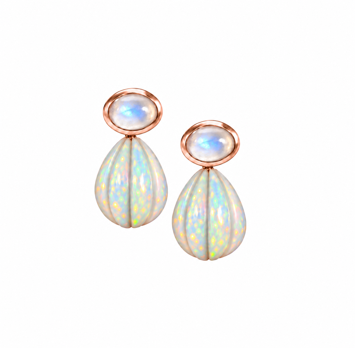 Rainbow Moonstone & Opal Carved Drop Earrings: The Salma